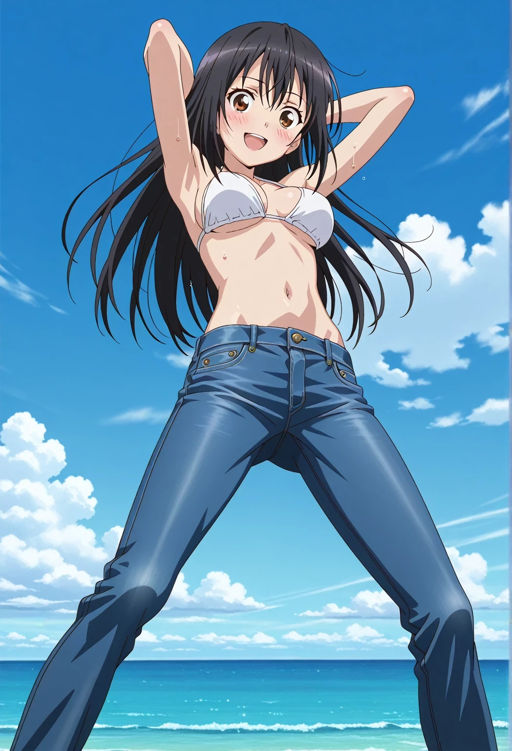 score_9, score_8_up, score_7_up, source_anime, highres, hi res, ((best quality, top quality, perfect quality, Highest Quality, amazing quality)), {{masterpiece}}, {{an extremely delicate and beautiful}}, 2d, intricate details, official style, anime, 8k, anime style, official_anime, official art, digital painting, cell shading, soft shading, high resolution, soothing tones, Subdued Color, Soft cinematic light, adobe lightroom, photolab, HDR, intricately and hyper-detailed, ((high quality animation)), 1 girl, Alone, solo, ((ocean)), tsunami, on the water, day, sunny, outdoors, sky, windy, seiri fukiyose, long hair, black hair, brown eyes, hair between eyes, anime screencap, medium breasts, white bikini top, best quality, hyper-detailed jeans, ((blue jeans:1.9)), (dark blue jeans:0.6), full medium body, medium shot, Open mouth, smiling, happy face, blush, sweat, standing, ((arms behind head:6.0)), bowlegged, jumping pose, action, looking at viewer, spread legs, Bend knees slightly, straight-on front view