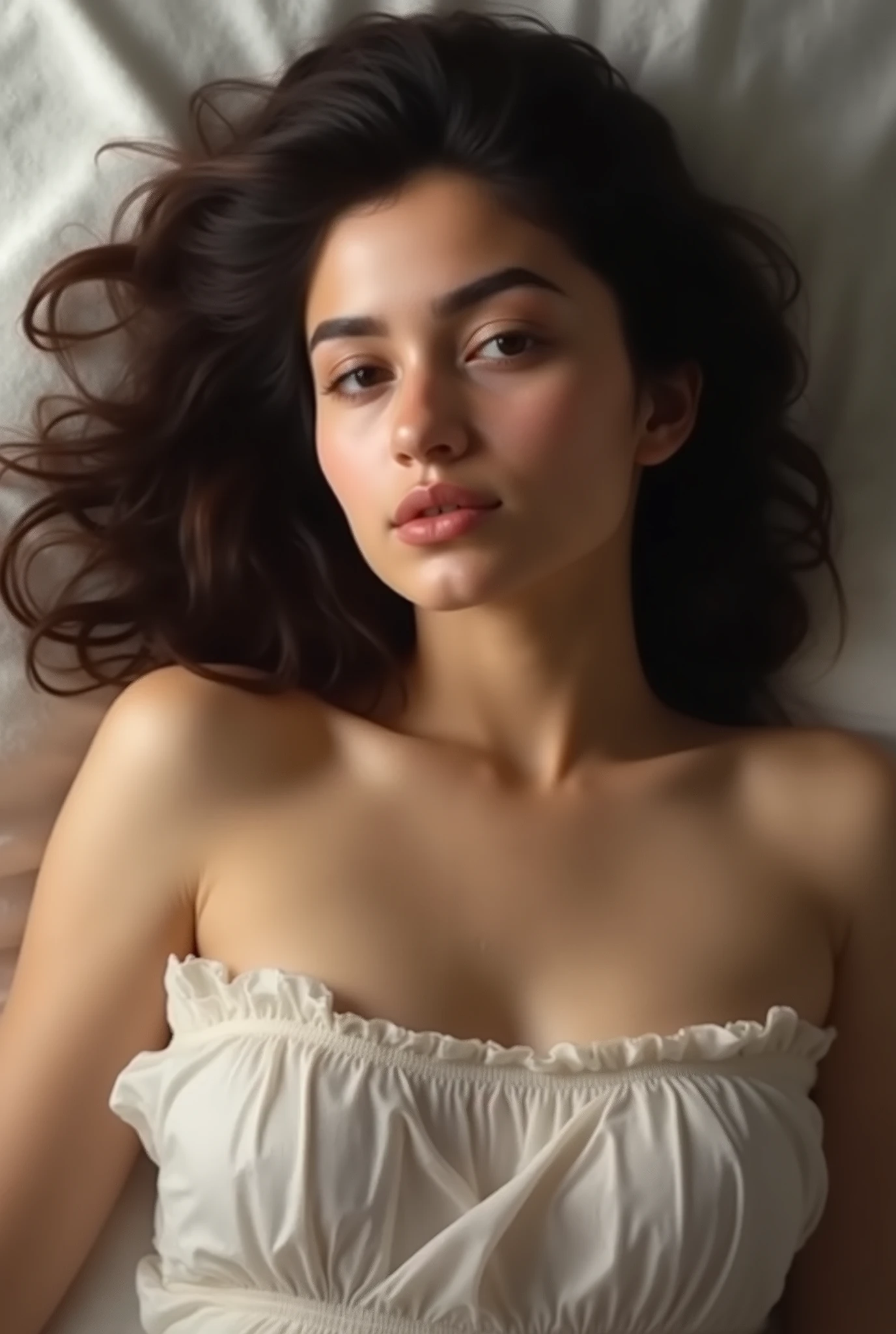 beautiful girl, lying on the bed, brunette wavy hair, side drill, wince, Conceptual art, Northern Renaissance, god rays, from above, UHD, anatomically correct, high quality, 8k