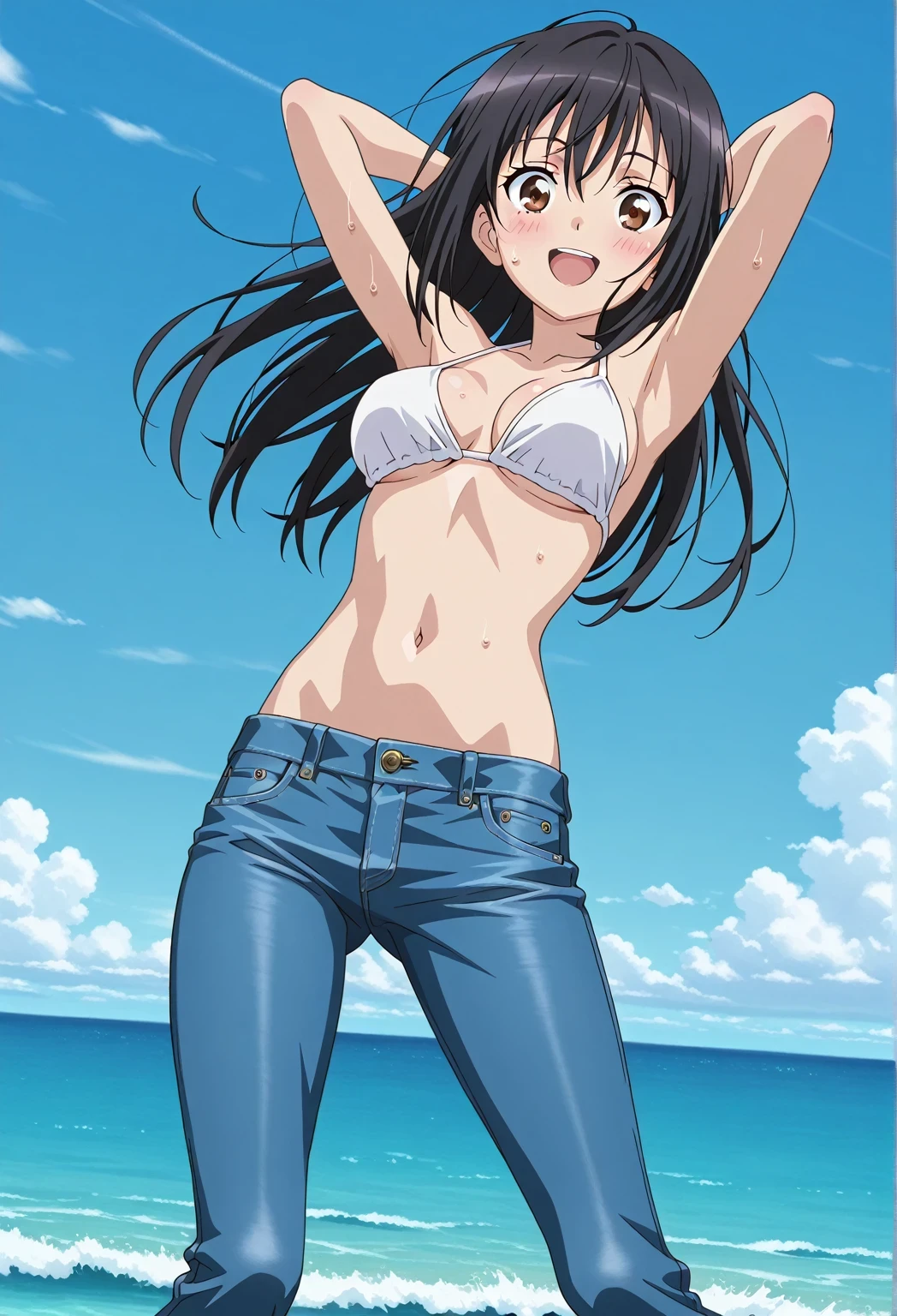 score_9, score_8_up, score_7_up, source_anime, highres, hi res, ((best quality, top quality, perfect quality, Highest Quality, amazing quality)), {{masterpiece}}, {{an extremely delicate and beautiful}}, 2d, intricate details, official style, anime, 8k, anime style, official_anime, official art, digital painting, cell shading, soft shading, high resolution, soothing tones, Subdued Color, Soft cinematic light, adobe lightroom, photolab, HDR, intricately and hyper-detailed, ((high quality animation)), 1 girl, Alone, solo, ((ocean)), tsunami, on the water, day, sunny, outdoors, sky, windy, seiri fukiyose, long hair, black hair, brown eyes, hair between eyes, anime screencap, medium breasts, white bikini top, best quality, hyper-detailed jeans, ((blue jeans:1.9)), (dark blue jeans:0.6), full medium body, medium shot, Open mouth, smiling, happy face, blush, sweat, standing, ((arms behind head:6.0)), bowlegged, jumping pose, action, looking at viewer, spread legs, Bend knees slightly, straight-on front view