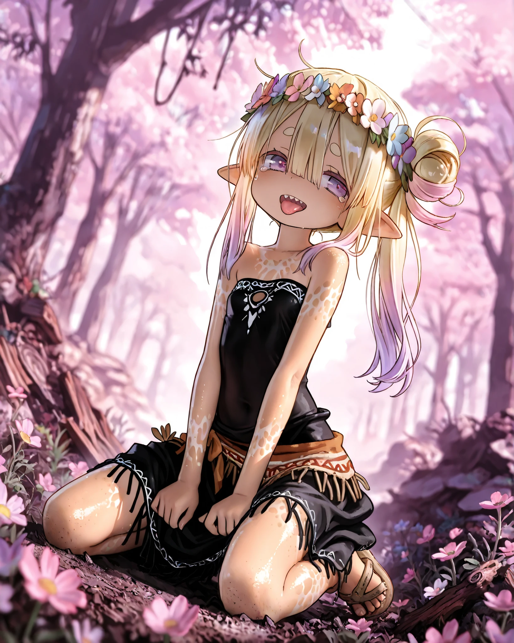 by Tsukushi Akihito, ((Tsukushi Akihito style)), ((Masterpiece)), ((best quality, amazing quality)), ((very aesthetic, absurdres, newest)), ((detailed background, negative space, blurry background, depth of field, Asymmetrical background)), (dynamic angle, wide shot), ((1girl)), Cute young Girl, (Healthy Gaunt body, Textured skin, small breast, tilt head), elf ears, Glossy unruly hair, (beautiful blond hair, gradient hair, Pastel colors Hair Tip), (hair between eyes, long bangs, long side bangs), side bun, (put on noble head wreath), BREAK, big eyes, (cute cheeks), glossy lips, pouty lips, (lower eyelashes), ((Thin and short eyebrows)), (pale purple eyes, gradient eyes, averting eyes, looking at side), sad smile, tears, open mouth, sticking out tongue, sharp teeth, (Black Embroidered Tribal black tubetop, strapless, exposed Lower abdomen), medium sarong skirt), Cheesy sandals, bare arms, (Place hands on thighs), colorful, (learning back, loose kneeling the Ruins with flowers and vegetation, Tranquil Place, rotten wood), outdoor, sultry, Beautiful landscape, wind blow, Scattered rubbles,