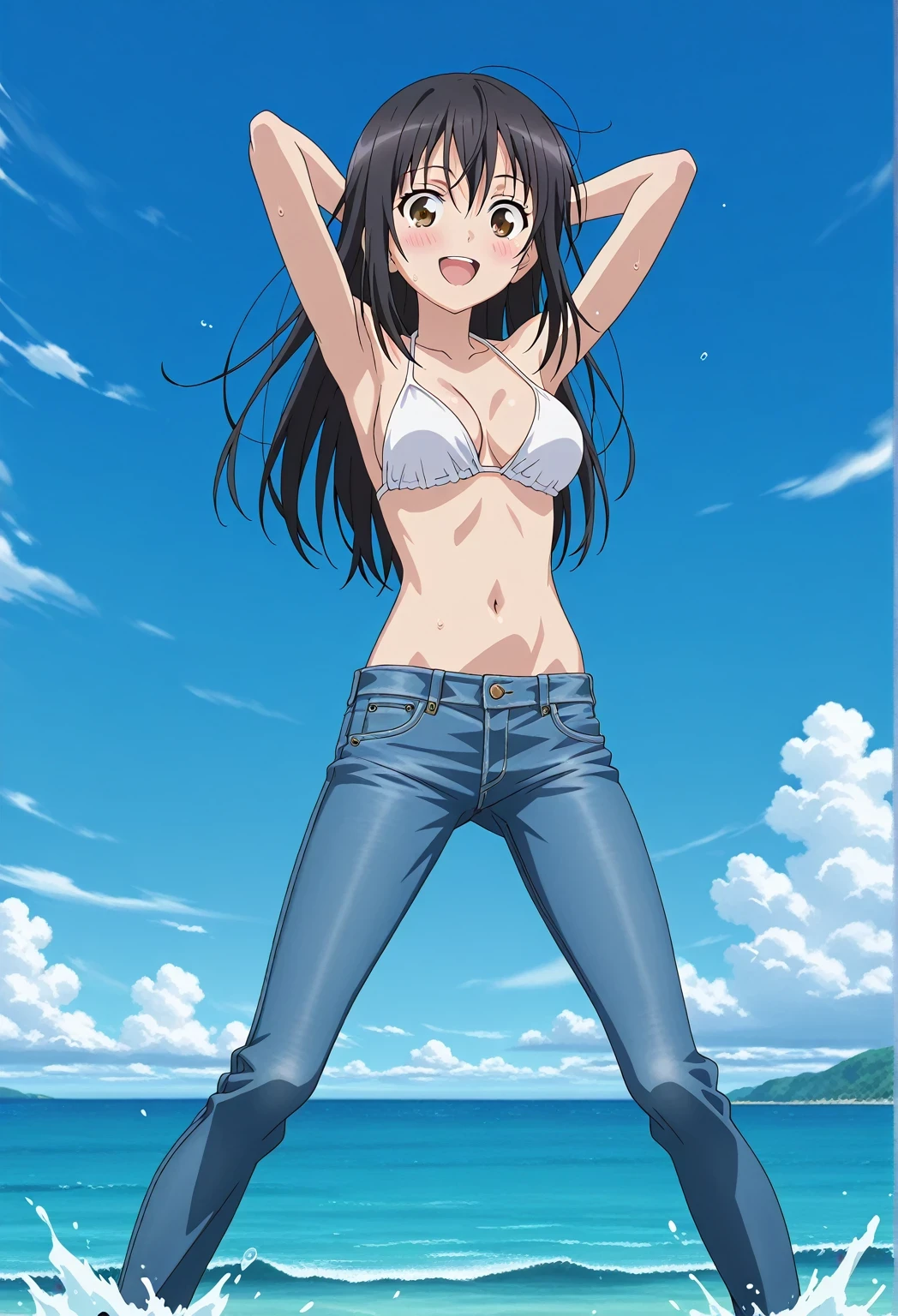 score_9, score_8_up, score_7_up, source_anime, highres, hi res, ((best quality, top quality, perfect quality, Highest Quality, amazing quality)), {{masterpiece}}, {{an extremely delicate and beautiful}}, 2d, intricate details, official style, anime, 8k, anime style, official_anime, official art, digital painting, cell shading, soft shading, high resolution, soothing tones, Subdued Color, Soft cinematic light, adobe lightroom, photolab, HDR, intricately and hyper-detailed, ((high quality animation)), 1 girl, Alone, solo, ((ocean)), tsunami, on the water, day, sunny, outdoors, sky, windy, seiri fukiyose, long hair, black hair, brown eyes, hair between eyes, anime screencap, medium breasts, white bikini top, best quality, hyper-detailed jeans, ((blue jeans:1.9)), (dark blue jeans:0.6), full medium body, medium shot, Open mouth, smiling, happy face, blush, sweat, standing, ((arms behind head:6.0)), bowlegged, jumping pose, action, looking at viewer, spread legs, Bend knees slightly, straight-on front view