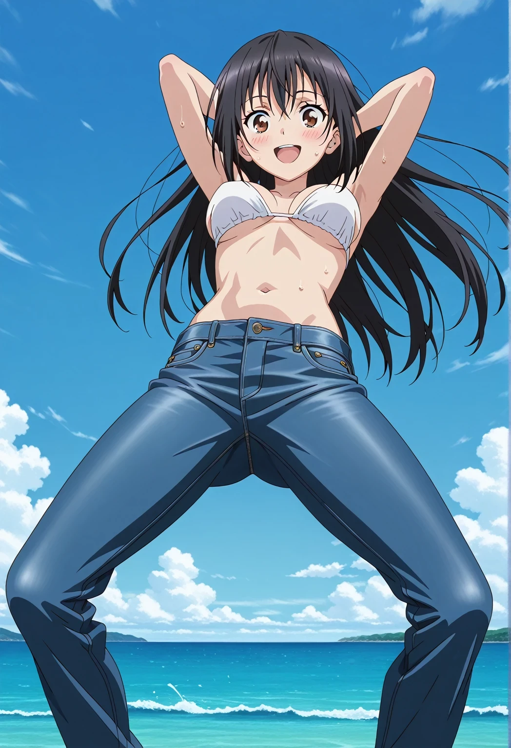 score_9, score_8_up, score_7_up, source_anime, highres, hi res, ((best quality, top quality, perfect quality, Highest Quality, amazing quality)), {{masterpiece}}, {{an extremely delicate and beautiful}}, 2d, intricate details, official style, anime, 8k, anime style, official_anime, official art, digital painting, cell shading, soft shading, high resolution, soothing tones, Subdued Color, Soft cinematic light, adobe lightroom, photolab, HDR, intricately and hyper-detailed, ((high quality animation)), 1 girl, Alone, solo, ((ocean)), tsunami, on the water, day, sunny, outdoors, sky, windy, seiri fukiyose, long hair, black hair, brown eyes, hair between eyes, anime screencap, medium breasts, white bikini top, best quality, hyper-detailed jeans, ((blue jeans:1.9)), (dark blue jeans:0.6), full medium body, medium shot, Open mouth, smiling, happy face, blush, sweat, standing, ((arms behind head:6.0)), bowlegged, jumping pose, action, looking at viewer, spread legs, Bend knees slightly, straight-on front view