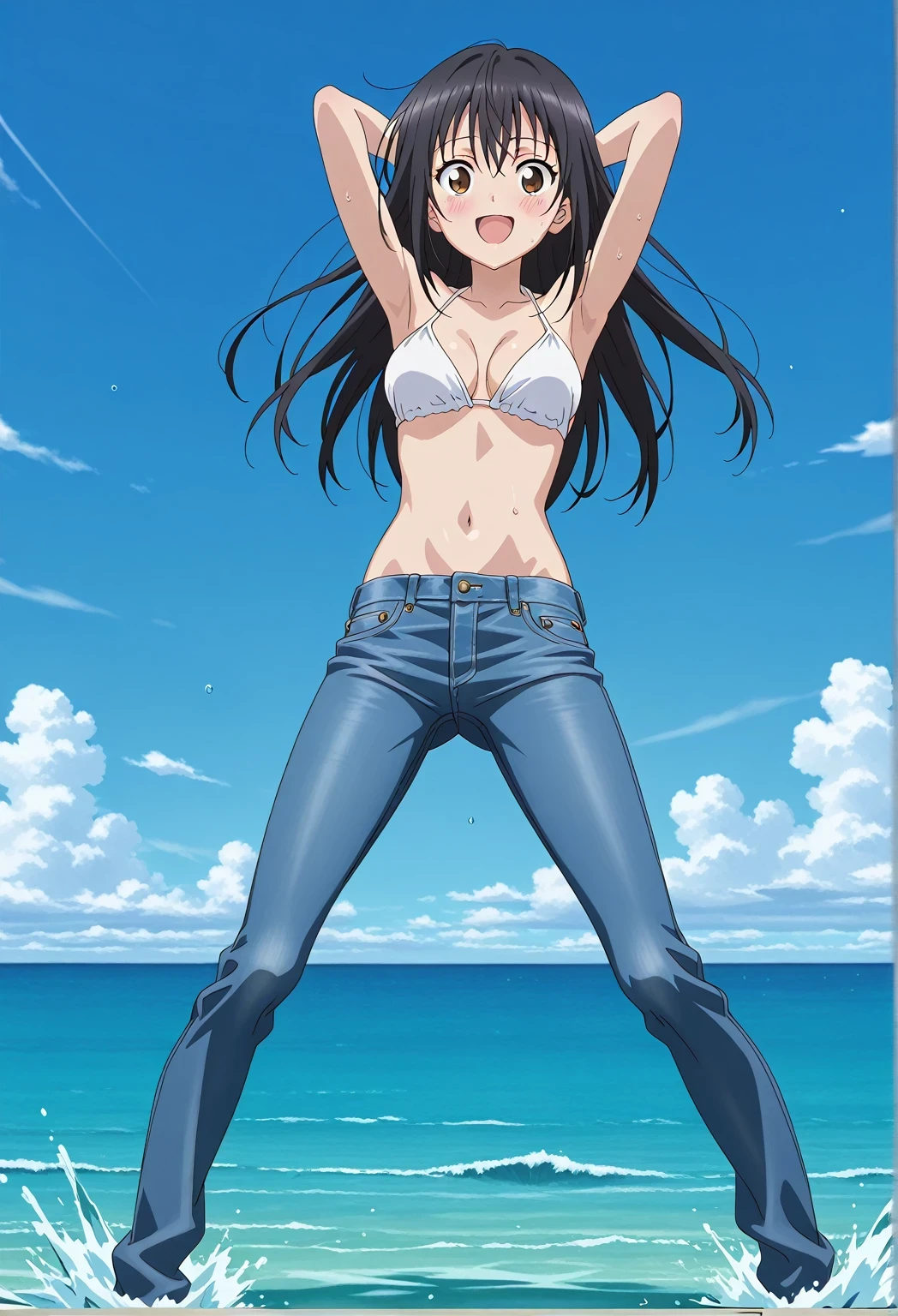 score_9, score_8_up, score_7_up, source_anime, highres, hi res, ((best quality, top quality, perfect quality, Highest Quality, amazing quality)), {{masterpiece}}, {{an extremely delicate and beautiful}}, 2d, intricate details, official style, anime, 8k, anime style, official_anime, official art, digital painting, cell shading, soft shading, high resolution, soothing tones, Subdued Color, Soft cinematic light, adobe lightroom, photolab, HDR, intricately and hyper-detailed, ((high quality animation)), 1 girl, Alone, solo, ((ocean)), tsunami, on the water, day, sunny, outdoors, sky, windy, seiri fukiyose, long hair, black hair, brown eyes, hair between eyes, anime screencap, medium breasts, white bikini top, best quality, hyper-detailed jeans, ((blue jeans:1.9)), (dark blue jeans:0.6), full medium body, medium shot, Open mouth, smiling, happy face, blush, sweat, standing, ((arms behind head:6.0)), bowlegged, jumping pose, action, looking at viewer, spread legs, Bend knees slightly, straight-on front view