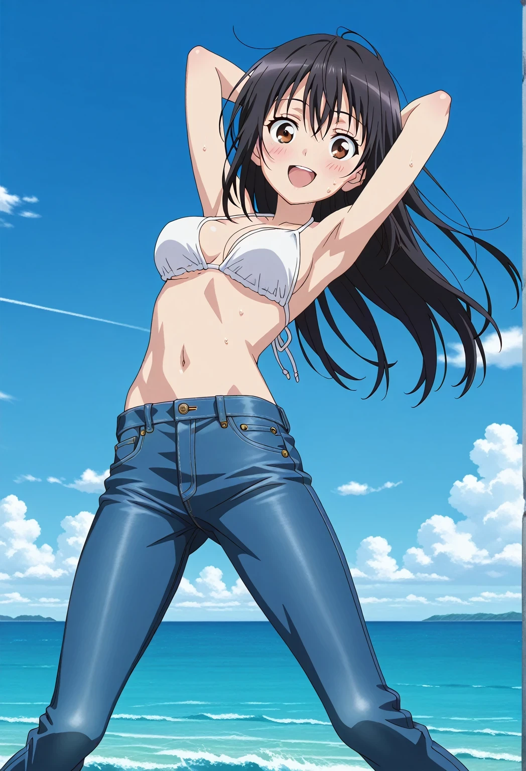 score_9, score_8_up, score_7_up, source_anime, highres, hi res, ((best quality, top quality, perfect quality, Highest Quality, amazing quality)), {{masterpiece}}, {{an extremely delicate and beautiful}}, 2d, intricate details, official style, anime, 8k, anime style, official_anime, official art, digital painting, cell shading, soft shading, high resolution, soothing tones, Subdued Color, Soft cinematic light, adobe lightroom, photolab, HDR, intricately and hyper-detailed, ((high quality animation)), 1 girl, Alone, solo, ((ocean)), tsunami, on the water, day, sunny, outdoors, sky, windy, seiri fukiyose, long hair, black hair, brown eyes, hair between eyes, anime screencap, medium breasts, white bikini top, best quality, hyper-detailed jeans, ((blue jeans:1.9)), (dark blue jeans:0.6), full medium body, medium shot, Open mouth, smiling, happy face, blush, sweat, standing, ((arms behind head:6.0)), bowlegged, jumping pose, action, looking at viewer, spread legs, Bend knees slightly, straight-on front view