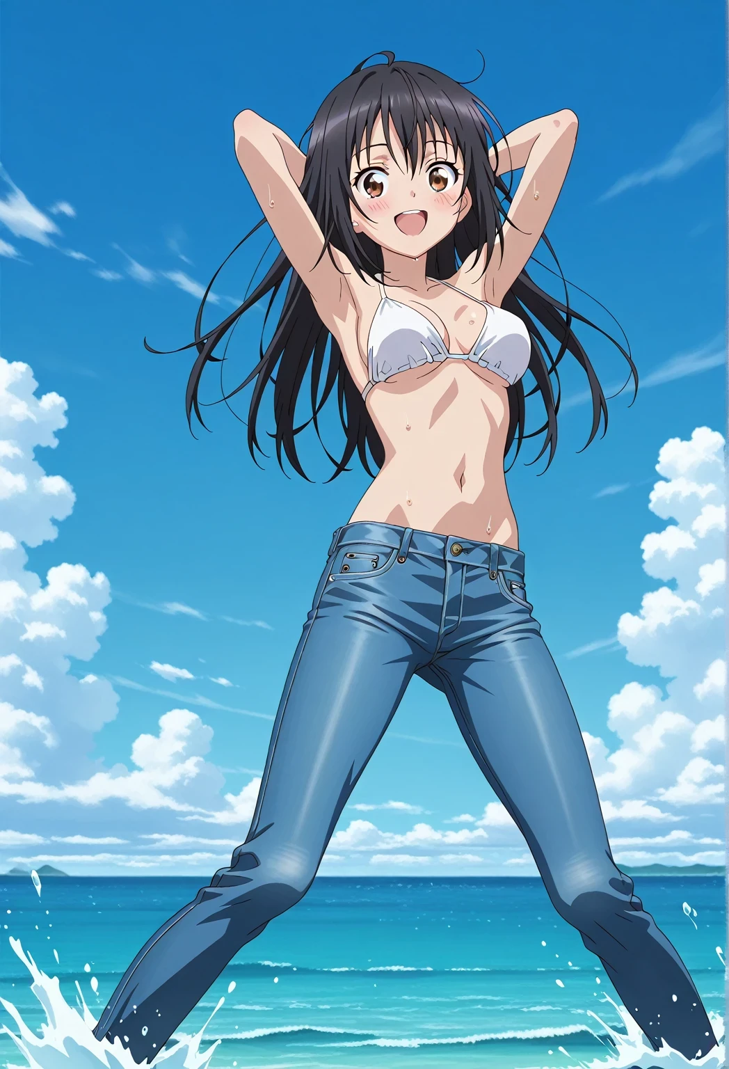 score_9, score_8_up, score_7_up, source_anime, highres, hi res, ((best quality, top quality, perfect quality, Highest Quality, amazing quality)), {{masterpiece}}, {{an extremely delicate and beautiful}}, 2d, intricate details, official style, anime, 8k, anime style, official_anime, official art, digital painting, cell shading, soft shading, high resolution, soothing tones, Subdued Color, Soft cinematic light, adobe lightroom, photolab, HDR, intricately and hyper-detailed, ((high quality animation)), 1 girl, Alone, solo, ((ocean)), tsunami, on the water, day, sunny, outdoors, sky, windy, seiri fukiyose, long hair, black hair, brown eyes, hair between eyes, anime screencap, medium breasts, white bikini top, best quality, hyper-detailed jeans, ((blue jeans:1.9)), (dark blue jeans:0.6), full medium body, medium shot, Open mouth, smiling, happy face, blush, sweat, standing, ((arms behind head:6.0)), bowlegged, jumping pose, action, looking at viewer, spread legs, Bend knees slightly, straight-on front view
