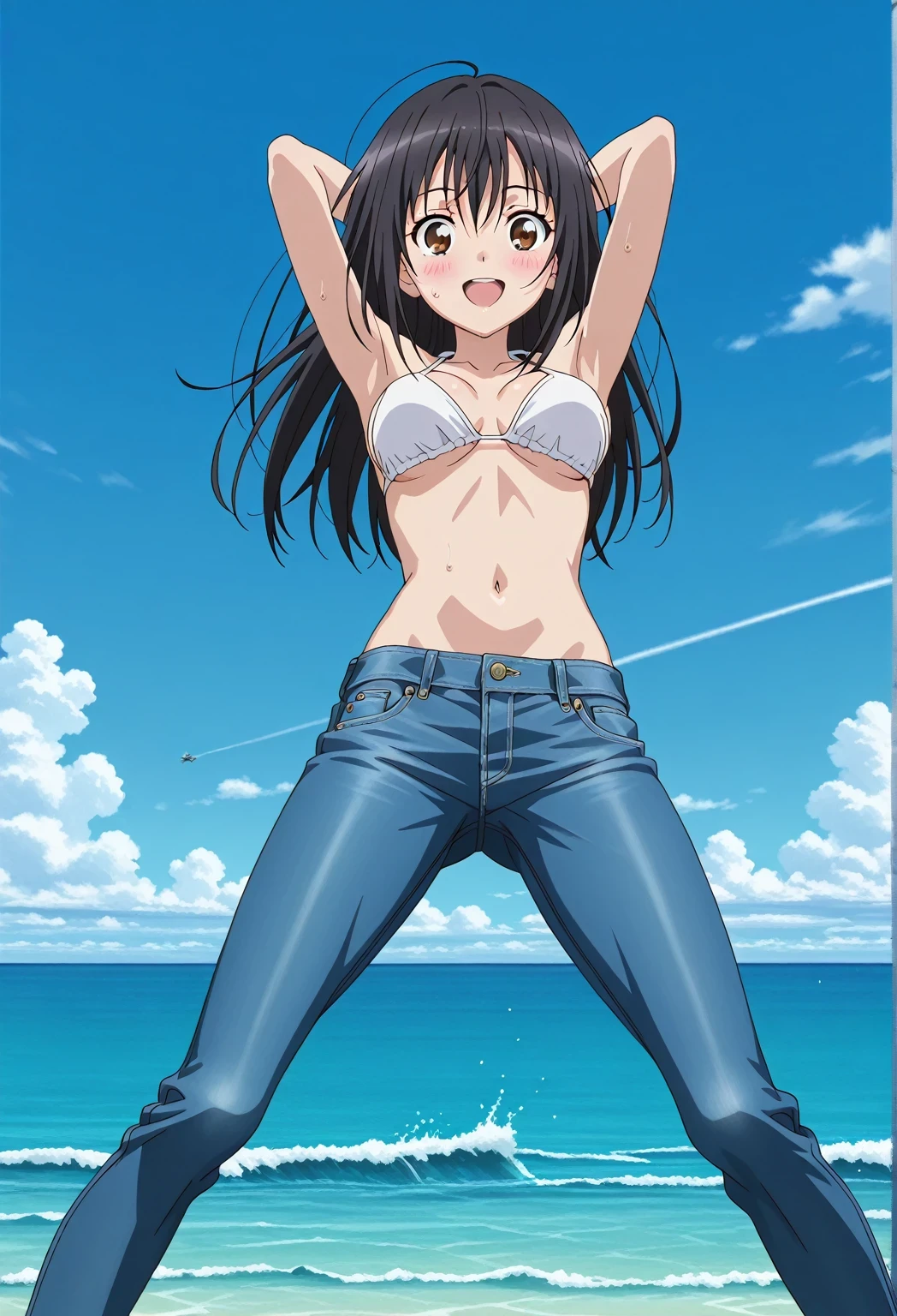 score_9, score_8_up, score_7_up, source_anime, highres, hi res, ((best quality, top quality, perfect quality, Highest Quality, amazing quality)), {{masterpiece}}, {{an extremely delicate and beautiful}}, 2d, intricate details, official style, anime, 8k, anime style, official_anime, official art, digital painting, cell shading, soft shading, high resolution, soothing tones, Subdued Color, Soft cinematic light, adobe lightroom, photolab, HDR, intricately and hyper-detailed, ((high quality animation)), 1 girl, Alone, solo, ((ocean)), tsunami, on the water, day, sunny, outdoors, sky, windy, seiri fukiyose, long hair, black hair, brown eyes, hair between eyes, anime screencap, medium breasts, white bikini top, best quality, hyper-detailed jeans, ((blue jeans:1.9)), (dark blue jeans:0.6), full medium body, medium shot, Open mouth, smiling, happy face, blush, sweat, standing, ((arms behind head:6.0)), bowlegged, jumping pose, action, looking at viewer, spread legs, Bend knees slightly, straight-on front view