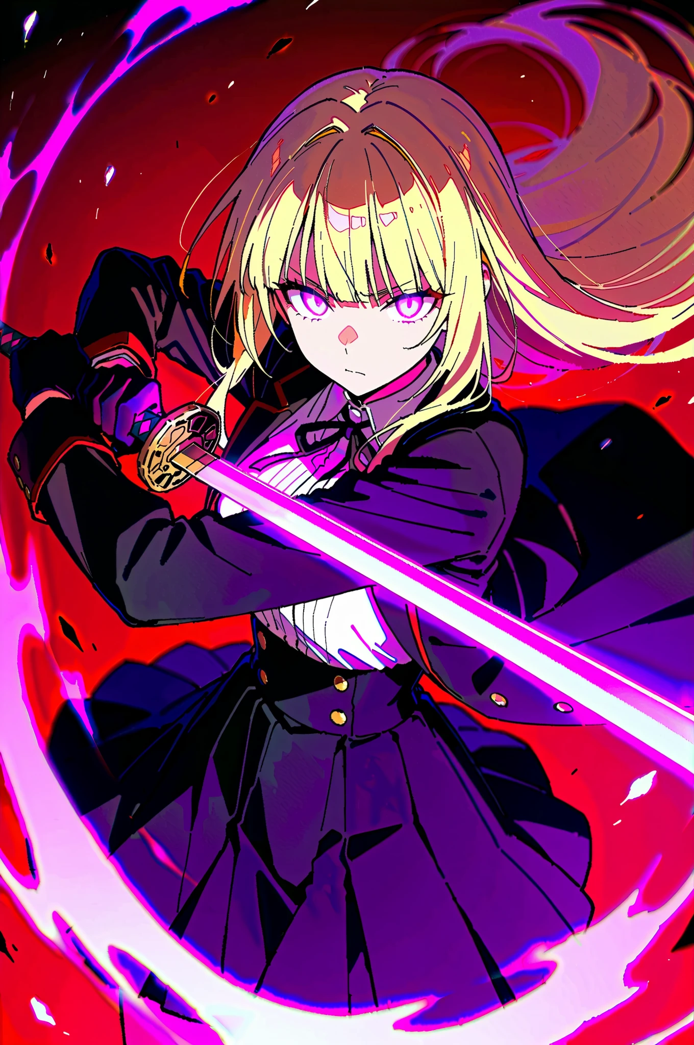masterpiece, best quality, good quality, very aesthetic, absurdres, newest, 8K, depth of field, white blonde hair, long hair, sidelocks, blunt bangs, white blonde eyes, glowing eyes, black gloves, black skirt, closed mouth, black jacket, high-waist skirt, holding sword, glowing katana, energy, serious, solo, white shirt,  4ur4_illu,shiny,   dynamic pose, foreshortening, extreme perspective,   bosstyle