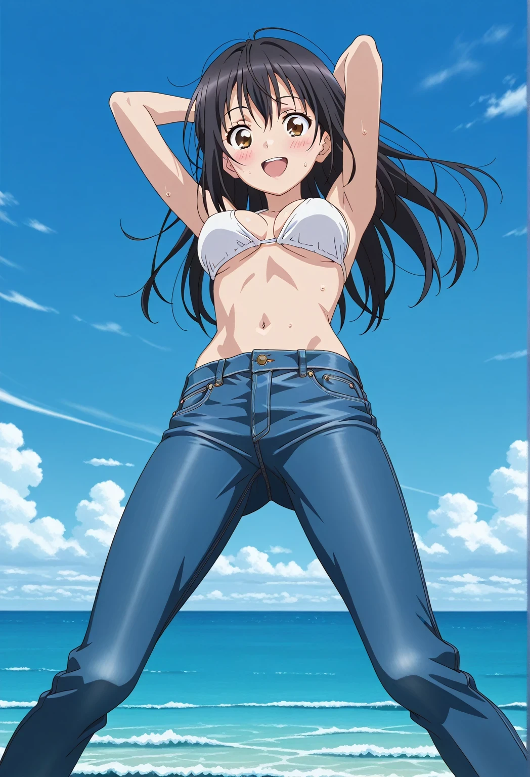 score_9, score_8_up, score_7_up, source_anime, highres, hi res, ((best quality, top quality, perfect quality, Highest Quality, amazing quality)), {{masterpiece}}, {{an extremely delicate and beautiful}}, 2d, intricate details, official style, anime, 8k, anime style, official_anime, official art, digital painting, cell shading, soft shading, high resolution, soothing tones, Subdued Color, Soft cinematic light, adobe lightroom, photolab, HDR, intricately and hyper-detailed, ((high quality animation)), 1 girl, Alone, solo, ((ocean)), tsunami, on the water, day, sunny, outdoors, sky, windy, seiri fukiyose, long hair, black hair, brown eyes, hair between eyes, anime screencap, medium breasts, white bikini top, best quality, hyper-detailed jeans, ((blue jeans:1.9)), (dark blue jeans:0.6), full medium body, medium shot, Open mouth, smiling, happy face, blush, sweat, standing, ((arms behind head:6.0)), bowlegged, jumping pose, action, looking at viewer, spread legs, Bend knees slightly, straight-on front view