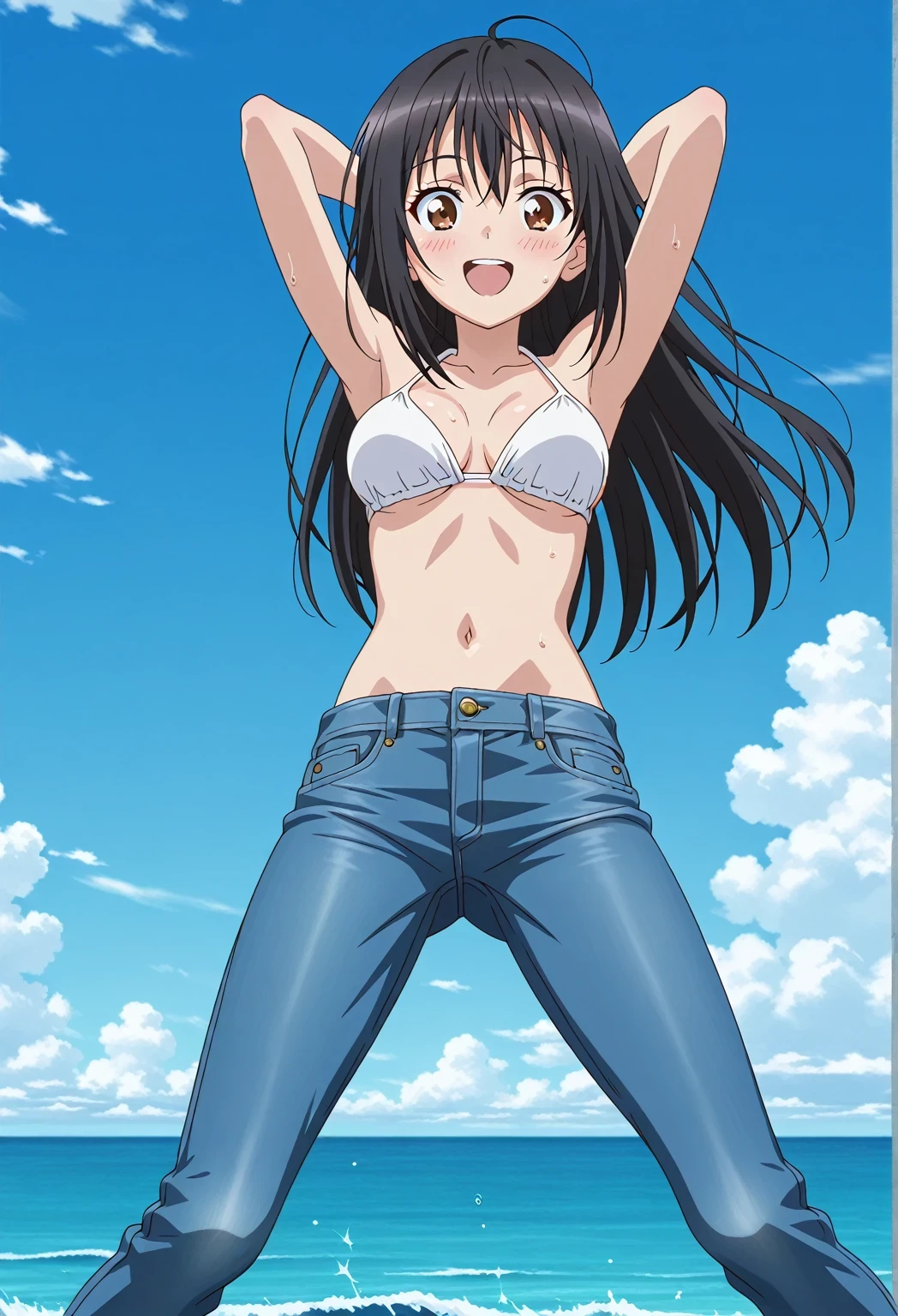 score_9, score_8_up, score_7_up, source_anime, highres, hi res, ((best quality, top quality, perfect quality, Highest Quality, amazing quality)), {{masterpiece}}, {{an extremely delicate and beautiful}}, 2d, intricate details, official style, anime, 8k, anime style, official_anime, official art, digital painting, cell shading, soft shading, high resolution, soothing tones, Subdued Color, Soft cinematic light, adobe lightroom, photolab, HDR, intricately and hyper-detailed, ((high quality animation)), 1 girl, Alone, solo, ((ocean)), tsunami, on the water, day, sunny, outdoors, sky, windy, seiri fukiyose, long hair, black hair, brown eyes, hair between eyes, anime screencap, medium breasts, white bikini top, best quality, hyper-detailed jeans, ((blue jeans:1.9)), (dark blue jeans:0.6), full medium body, medium shot, Open mouth, smiling, happy face, blush, sweat, standing, ((arms behind head:6.0)), bowlegged, jumping pose, action, looking at viewer, spread legs, Bend knees slightly, straight-on front view