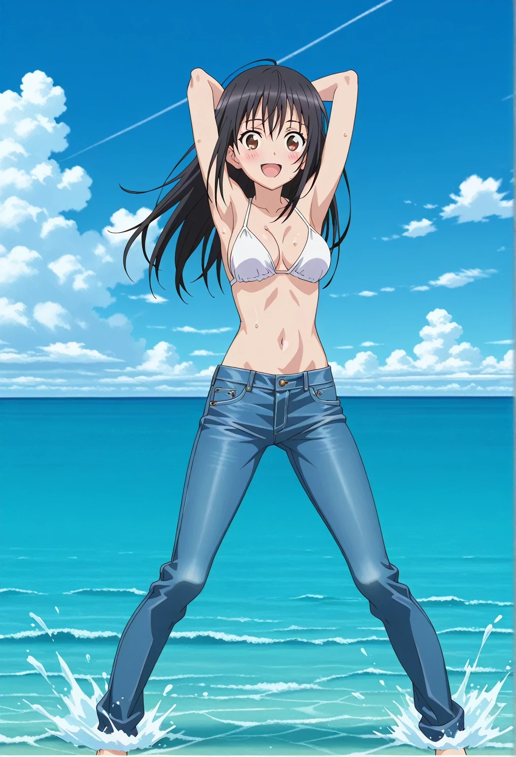 score_9, score_8_up, score_7_up, source_anime, highres, hi res, ((best quality, top quality, perfect quality, Highest Quality, amazing quality)), {{masterpiece}}, {{an extremely delicate and beautiful}}, 2d, intricate details, official style, anime, 8k, anime style, official_anime, official art, digital painting, cell shading, soft shading, high resolution, soothing tones, Subdued Color, Soft cinematic light, adobe lightroom, photolab, HDR, intricately and hyper-detailed, ((high quality animation)), 1 girl, Alone, solo, ((ocean)), tsunami, on the water, day, sunny, outdoors, sky, windy, seiri fukiyose, long hair, black hair, brown eyes, hair between eyes, anime screencap, medium breasts, white bikini top, best quality, hyper-detailed jeans, ((blue jeans:1.9)), (dark blue jeans:0.6), full medium body, medium shot, Open mouth, smiling, happy face, blush, sweat, standing, ((arms behind head:6.0)), bowlegged, sliding pose, action, looking at viewer, spread legs, Bend knees slightly, straight-on front view