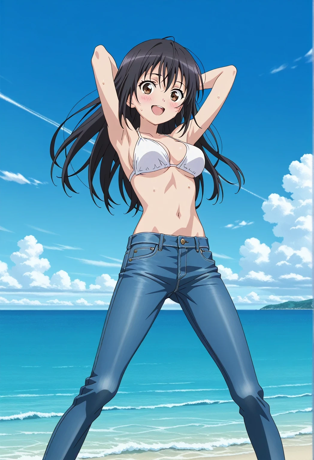 score_9, score_8_up, score_7_up, source_anime, highres, hi res, ((best quality, top quality, perfect quality, Highest Quality, amazing quality)), {{masterpiece}}, {{an extremely delicate and beautiful}}, 2d, intricate details, official style, anime, 8k, anime style, official_anime, official art, digital painting, cell shading, soft shading, high resolution, soothing tones, Subdued Color, Soft cinematic light, adobe lightroom, photolab, HDR, intricately and hyper-detailed, ((high quality animation)), 1 girl, Alone, solo, ((ocean)), tsunami, on the water, day, sunny, outdoors, sky, windy, seiri fukiyose, long hair, black hair, brown eyes, hair between eyes, anime screencap, medium breasts, white bikini top, best quality, hyper-detailed jeans, ((blue jeans:1.9)), (dark blue jeans:0.6), full medium body, medium shot, Open mouth, smiling, happy face, blush, sweat, standing, ((arms behind head:6.0)), bowlegged, jumping pose, action, looking at viewer, spread legs, Bend knees slightly, straight-on front view