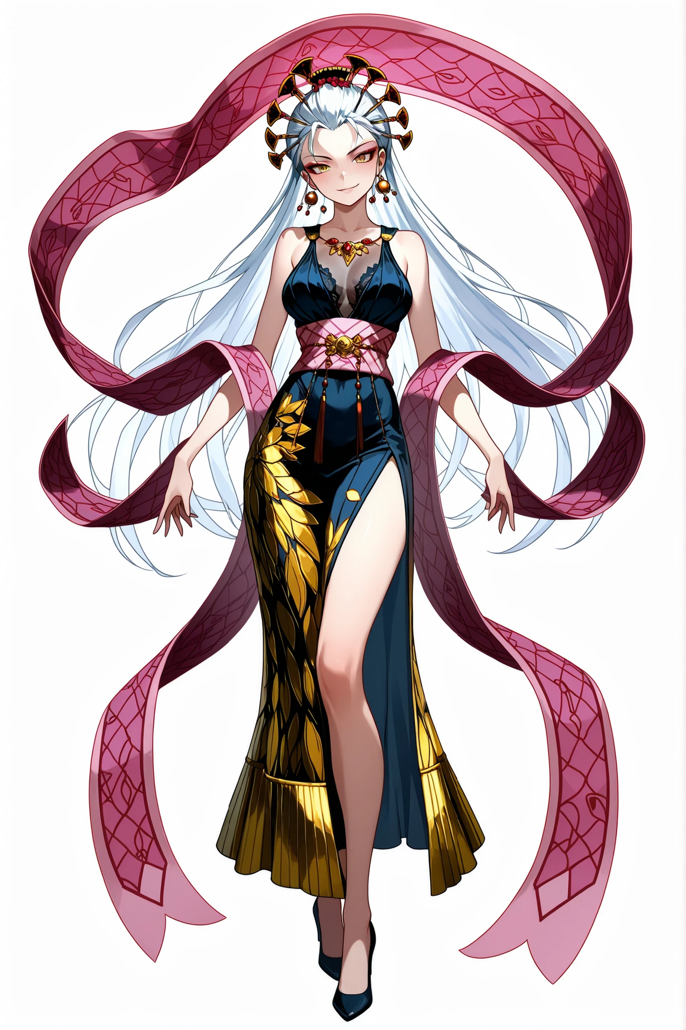 Daki, elegant fantasy Javanese-inspired outfit, traditional kebaya style with sheer dark blue lace top, golden batik skirt with high slit, pink silk sash flowing from both arms, ornate jewelry and headdress, elegant high heels, graceful and confident pose, detailed design, full body,