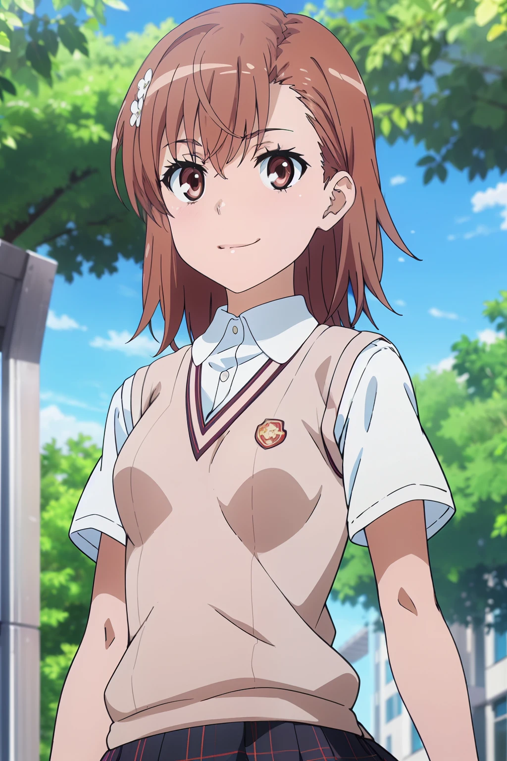 (masterpiece, best quality, high resolution, 8k:1.2), (anime coloring:1.4), (perfect character design:1.4), official art, highly detailed CG Unity 8K wallpaper, perfect face, perfect eye, perfect hair style, perfect body, beautiful body, beautiful skin, beautiful breasts, beautiful legs, beautiful hands, perfect hands, beautiful finger, beautiful face, beautiful eyes, symmetrical eyes, slim body, (1 girl), (misaka mikoto, brown eyes), (small breasts), (brown hair, short hair, bangs, eyebrows visible through hair, hairpin), (tokiwadai school uniform, white shirt, short sleeves, (sweater vest, v-neck), (gray skirt, pleated skirt, mini skirt), loose socks, loafers), (park, tree), smile, dutch angle, looking at the viewer, (upper body:1.3)