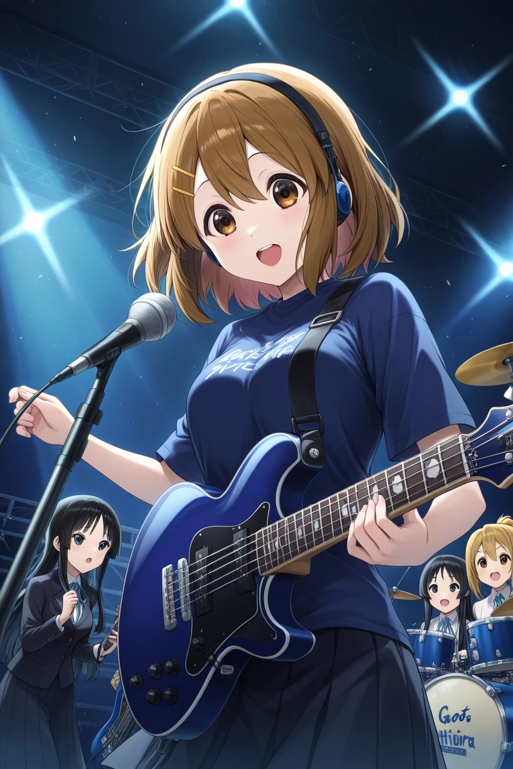 A female vocalist of a girl band, a black-haired girl playing an electric guitar、Revolution Yellow Fukuoka SoftBank Hawks baseball cap 、Wearing a revolution yellow Fukuoka SoftBank Hawks baseball shirt、rock、sing　dance