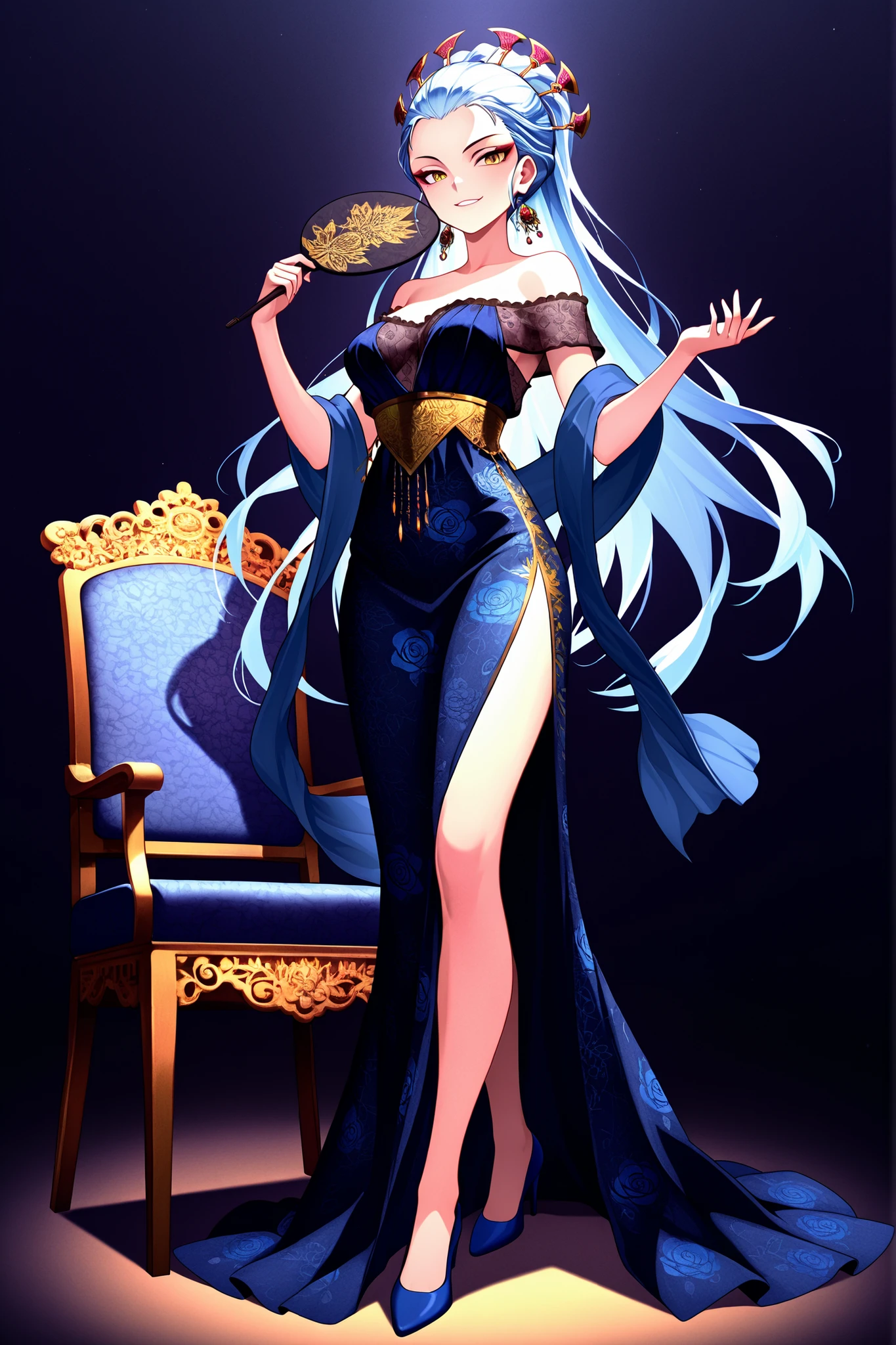 Daki, elegant Javanese-inspired modern kebaya, sky blue lace off-shoulder top, dark blue batik skirt with high slit, gold embroidery accents, small blue rose hair ornament, holding a fan, wearing blue high heels, standing beside a carved royal chair, graceful confident pose, detailed fabric texture, full body
