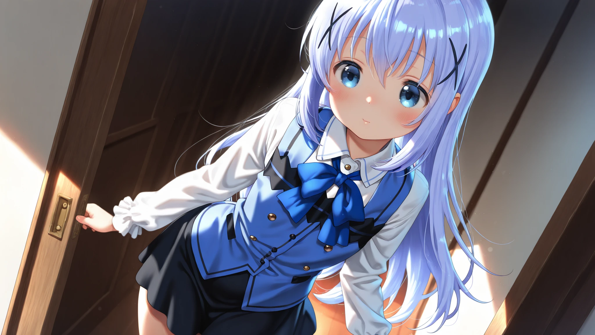(((1girl))), solo, c-chino, periwinkle hair, blue vest, collared shirt, black skirt, long sleeves, blue bowtie,masterpiece,small, petite, cute, (1girl), good proportions,very cute,cowboy shot,lovely eyes,realistic proportions,