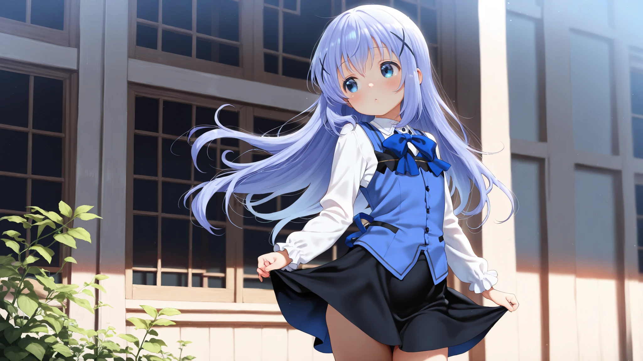 (((1girl))), solo, c-chino, periwinkle hair, blue vest, collared shirt, black skirt, long sleeves, blue bowtie,masterpiece,small, petite, cute, (1girl), good proportions,very cute,cowboy shot,lovely eyes,realistic proportions,