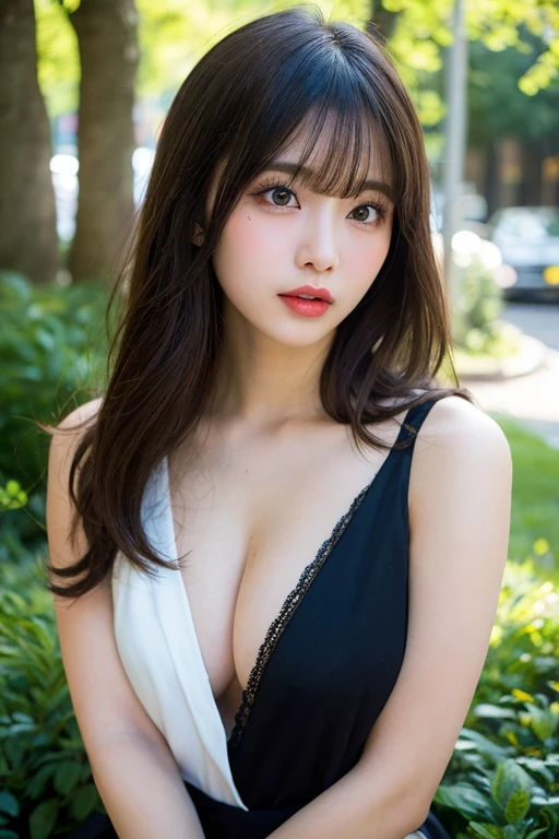 {{}},((highest quality、In 8K、masterpiece:1.1)),(Natural light),(shine:1.4),(illuminate the front), (ultra-detailed face),1 female、japanese woman、25 year old adult female、japanese girl、前hairが可愛い女性、肩までのhairの毛、droopy eyes、droopy eyes、cute big eyes、beautiful double eyes、cute face、delicate and beautiful skin、human-like skin、Realistic skin feel、複雑な色hair.luster々hair、looking at camera、double round big eyes、Very delicate eyes、super detailed face、high definition lip、thick lips、emphasize the face、clear white skin、beautiful white woman、blush 、 lace frill apron 、under boob、 are  and protruding、knees bent、lie on one’s back、Take a picture of a standing woman from below、A woman standing in the sunlight filtering through the trees、A woman wearing black lace to cover her nakedness、A woman wearing black see-through clothes、emphasize the 、woman in black clothes、