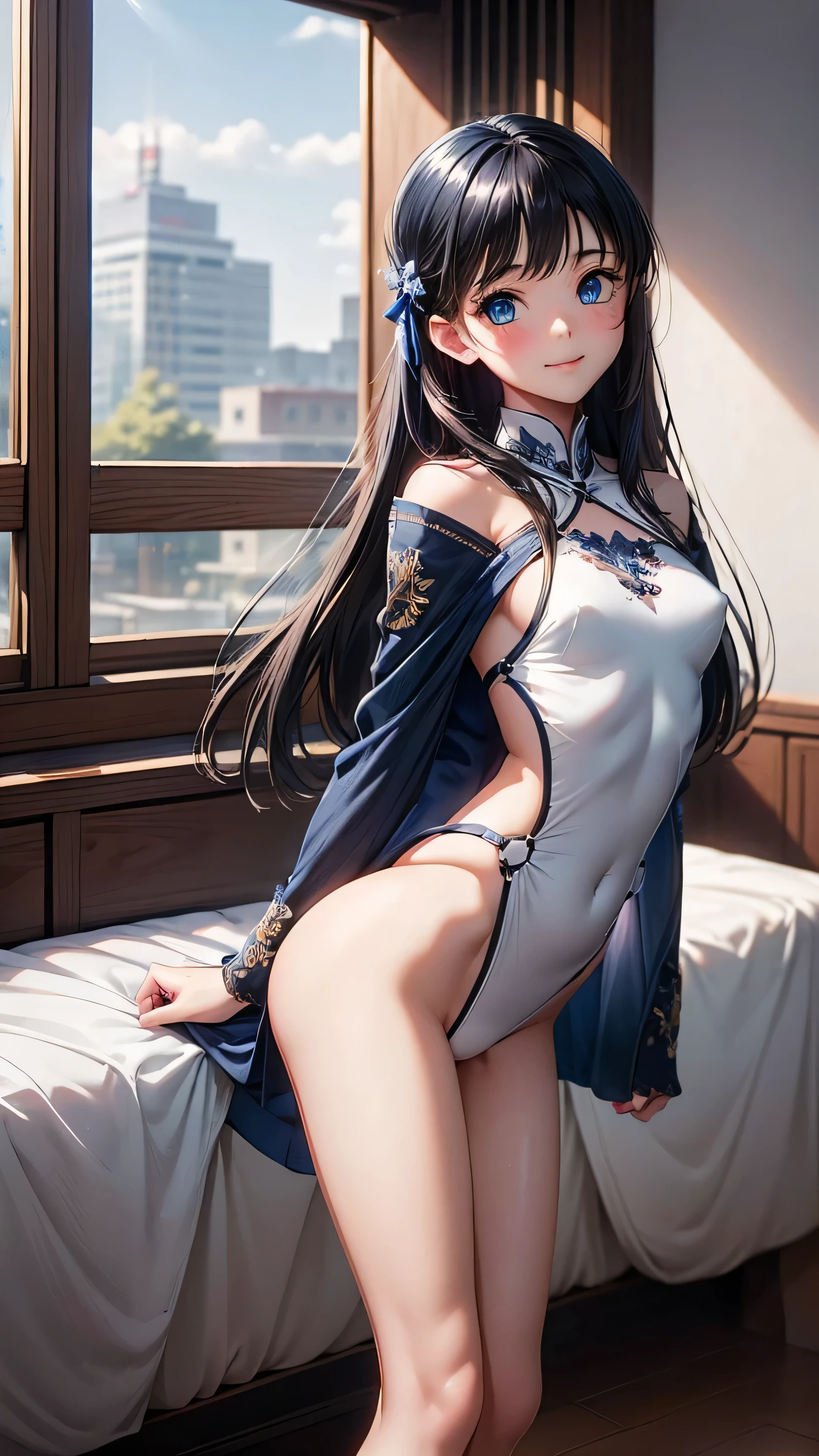 Anime Girl with long thin hair in 2 pigtails and blue ties, anime girl with black hair, off shoulder, Using a white blue short cheongsam, blue stocking, attack sttyle, Front of traditional Chinese building, blue eyes, masterpiece, UHD, Big eyes, blue high heels, White gloves, Chinese outfit, White panties, kick, smile