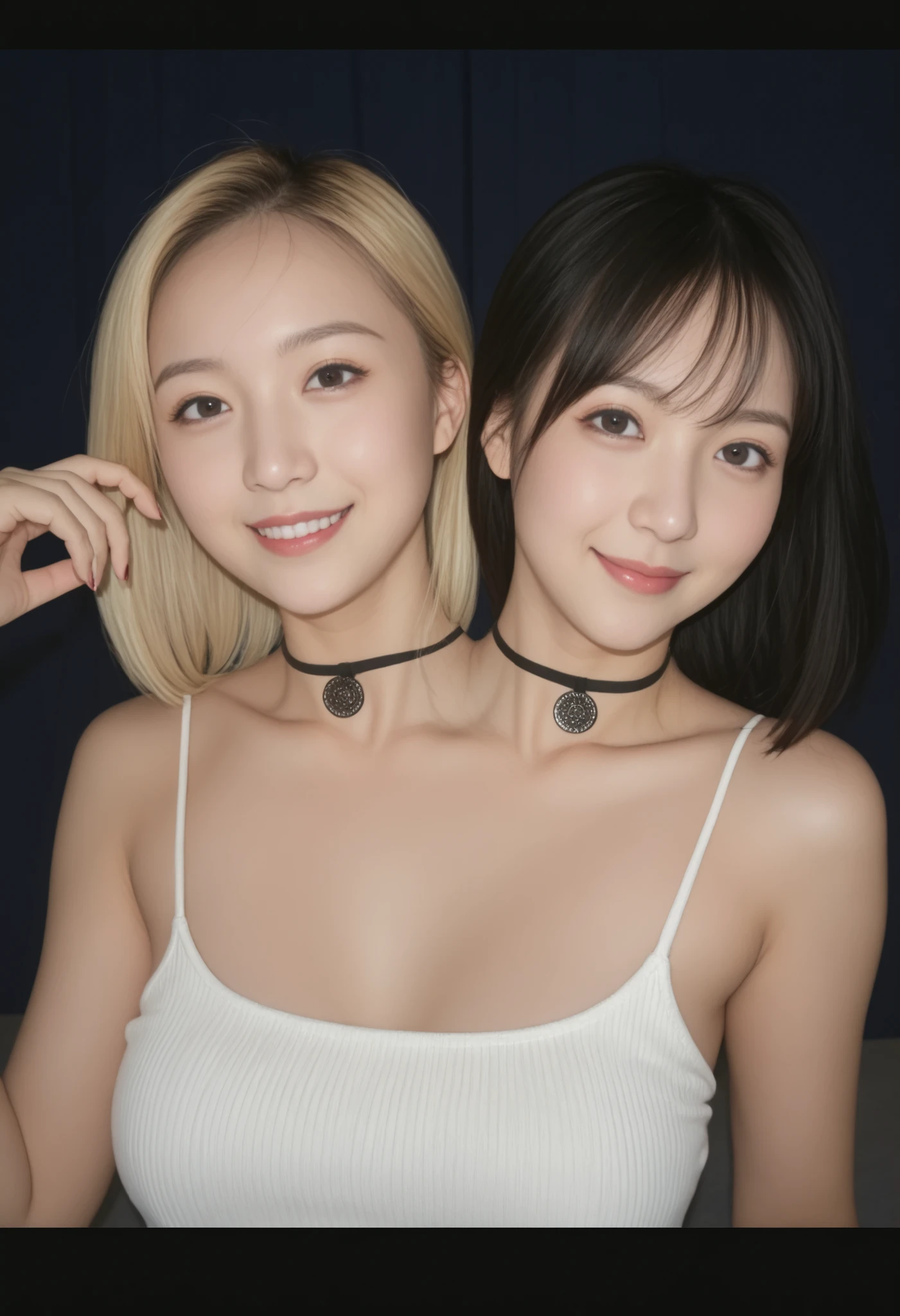 wide cowboyshot, best resolution,smiling, , looking at viewer ,different haircolors ,woman with blonde hair,woman with black hair, 2japanese women with two heads conjoined, different faceshapes, round chin, sharp chin,different hair lengths, short hair, long hair, forehead, bare shoulders, hair no fringe, tanktop, detailed face, choker