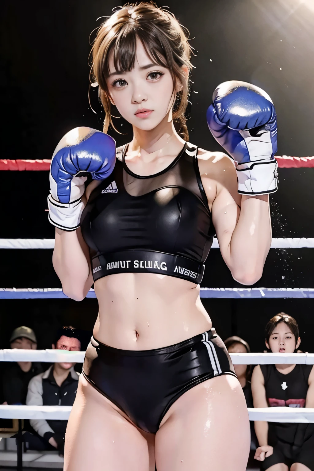 (masterpiece, highest quality), sweat、boxing,girl、wearing a black gymnastics bloomers,high leg,white blouse,high leg,fighting,vomitting blood,bloodly,sweat,