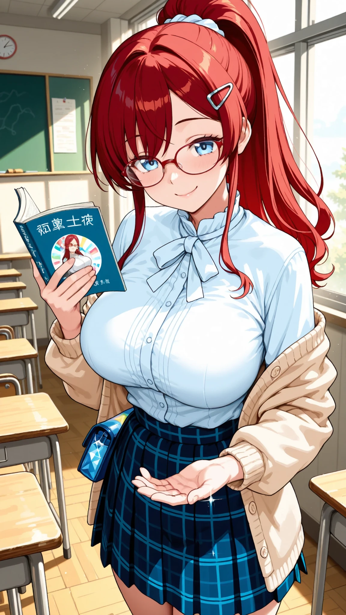 8k (high resolution) (Super Detailed) (masterpiece) (Highest Quality) animated illustration fine eye detailed face Feminine detailed hand Delicate hair detailed wrinkles on clothes exquisite feminine figure Fine Skin detailed background solo Blue Eyes (Red hair) hair clip on bangs (ponytail) (bundling hair into one strand) BIG BREASTS happy expression Young female teacher, Innocent Smile, ponytail, red rimmed glasses, beige cardigan, white blouse, plaid skirt, Figure standing at the pulpit, in the classroom, Bright window sill, Textbook in hand, enthusiastically explaining, Rainbow Sparkling Pouch, Clear Eyes
