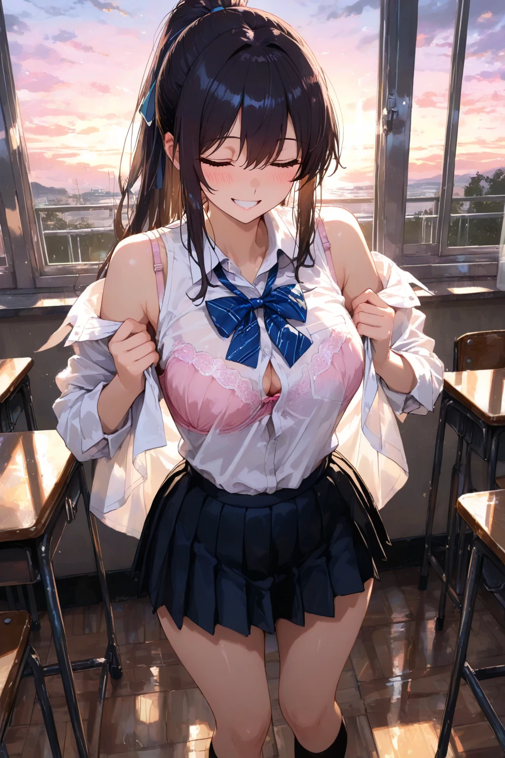 (Best quality, 8k, 32k, Masterpiece, UHD,:1.2),RAW, 1girl,ultra cute , natural lighting,transparent shining eyes, 20yo,medium  ,fair complexion ,flushed face, ((Pastel pink bra and panties)), BREAK, Cowboy shoot, bra and panties, , standing, ((class room)), From above, shiny, ,  bra and panties, ((bra lift, showing ))