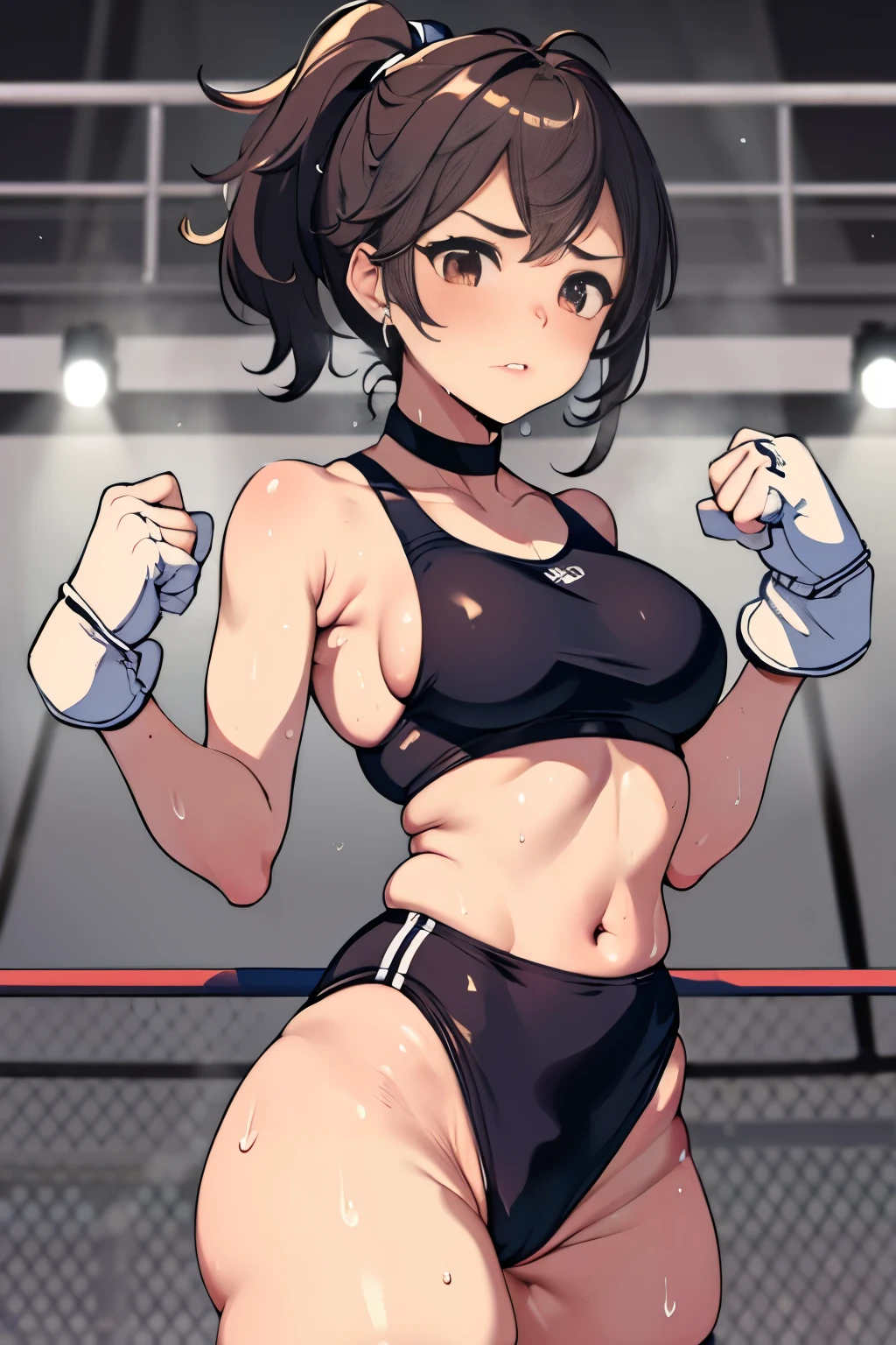 (masterpiece, highest quality), sweat、boxing,girl、wearing a black gymnastics bloomers,high leg,white blouse,high leg,fighting,vomitting blood,bloodly,sweat,