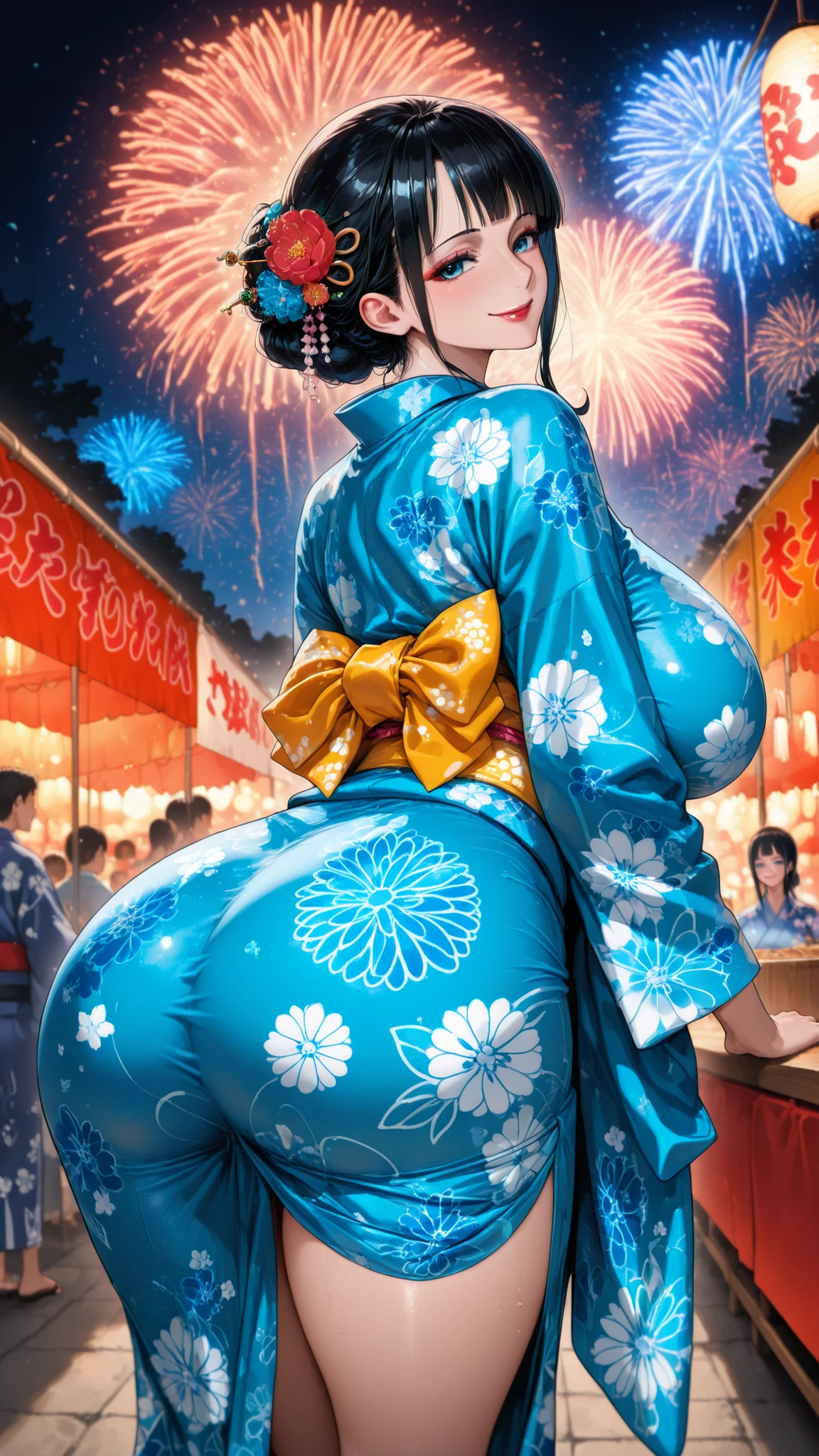 detailxl,

8k,high image quality、High Quality、masterpiece、

Score_9, score_8_up, score_7_up. Nico Robin, mature woman, black hair, straight bangs, blue eyes, red lips, huge breasts, blue kimono, hairpin, summer festival, night, background Japanese fireworks, looking back, smiling, super thick thighs, standing, smile, leaning forward, solo. Masterpiece, best quality, (ultra-detailed), incredible quality, very aesthetic, illustration, perfect composition, intricate details, absurd, incredibly absurd.
