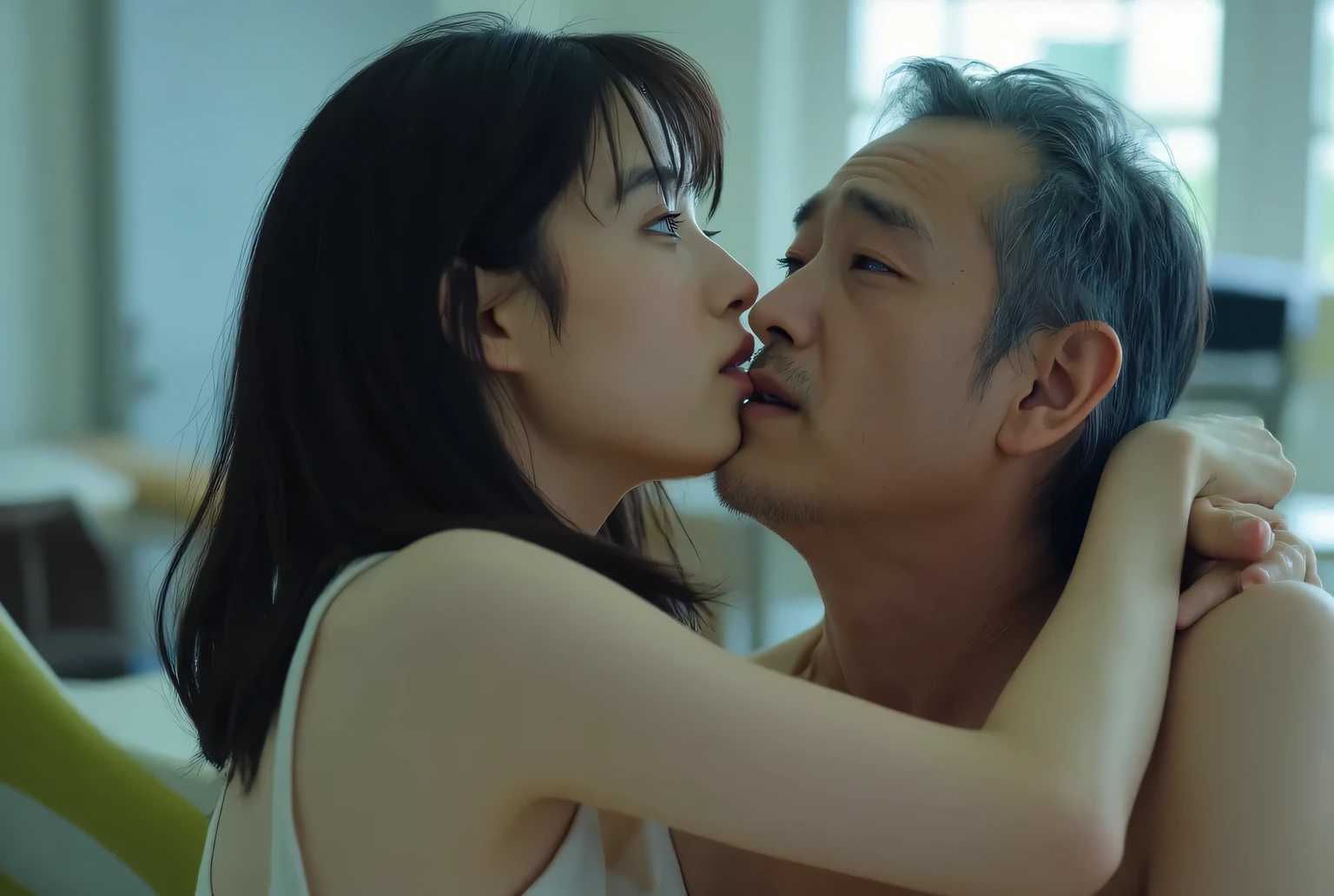 high resolution, masterpiece, analog photography, real photos, wide shot, full body, (((a cute Korean young girl and an old ugly Korean man give a deep kiss))), {A Korean girl gives a kiss, face to face, (Sitting on an old man's body), Pottery Skin,eye-catching and beautiful,  nurse, dark haired, {{x}}, huge breasts, With a sharp eye, Age 19、(((Girl naked))), Girl Nude, show chest, stares at viewers, from the front, (Open your mouth in the morning and stick out your tongue)}, {(((plump and voluminous body with curves))), korean old man lying on the dental chair and Open your mouth in the morning and stick out your tongue}, realistic body anatomy, (((Background: Dental examination table and instruments、Dental Clinic))), sidemap,