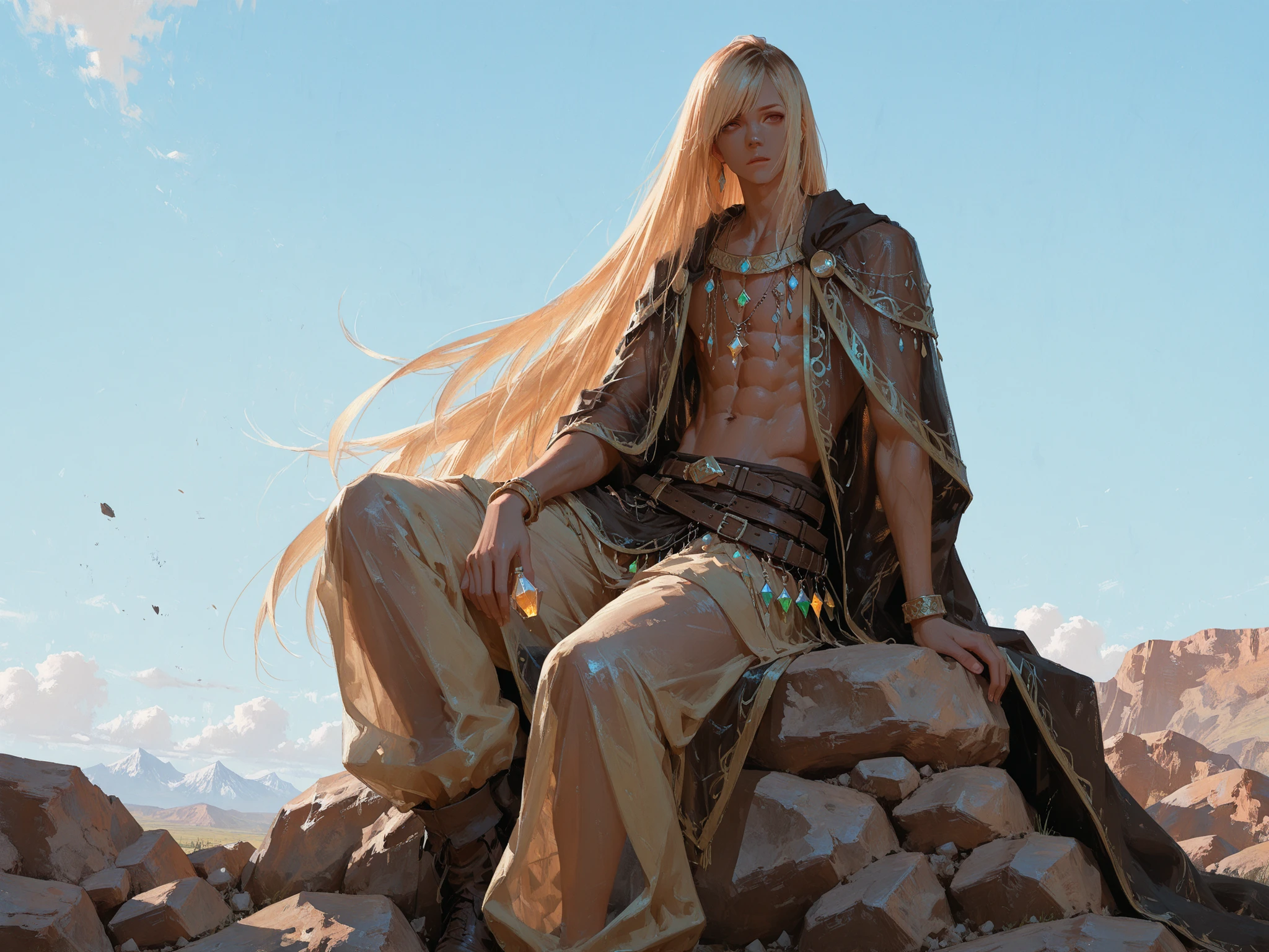 medium shot, front shot, makes an aesthetic, Master piece, Best Quality, ultra detailed, a handsome man, (man:1.6), solo, (male:1.6) absurdly long hair, silky straight hair, male glowing dark-blonde hair, (male:1.6) swept bangs, beautiful brown eyes, toned, dark skinned, naked see-through gold cloak, BREAK, dark brown cotton baggy pants, 3 necklaces, 3 bracelet, belt with gem stone, sitting on a huge rock, A golden dragon lying, badland in background, blue sky, fantasy world,