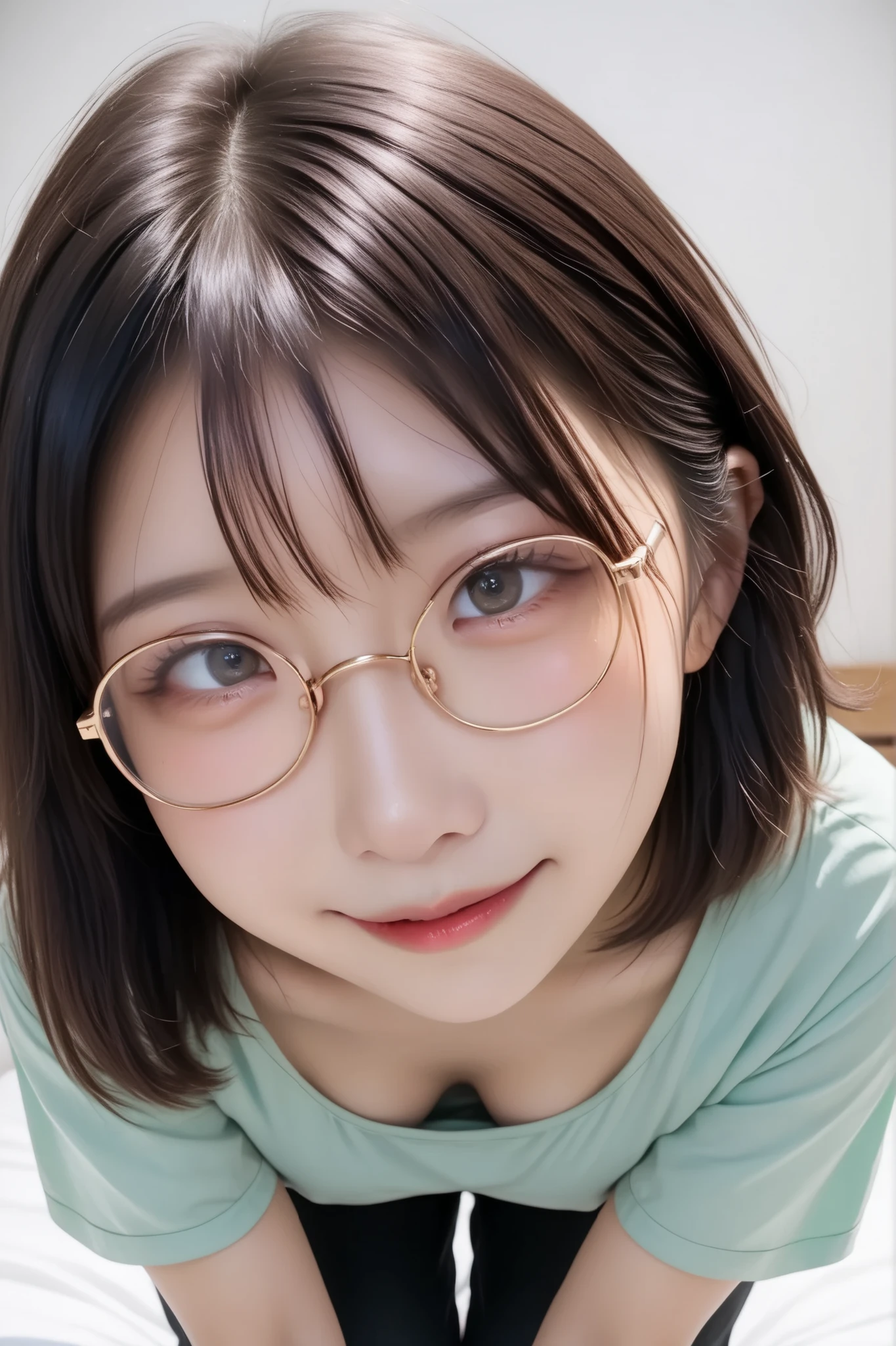 curly smile、flirty expression、like々looks like he's 17 years old、笑顔のlikeい日本人女性. Dimples. without makeup. Height 145 cm. short. (Small eyes: 1.3). round face、Downturned eyes、(small nose: 1.3). Small nose、Snub nose、short hair. low ponytail. dark brown hair. (curvy: 1.2). small . (thick thighs: 1.1). big waist. thick legs. green loose-fitting blouse. Oversized Shirts. black skinny pants. golden round glasses.pov、bent over、cleavage