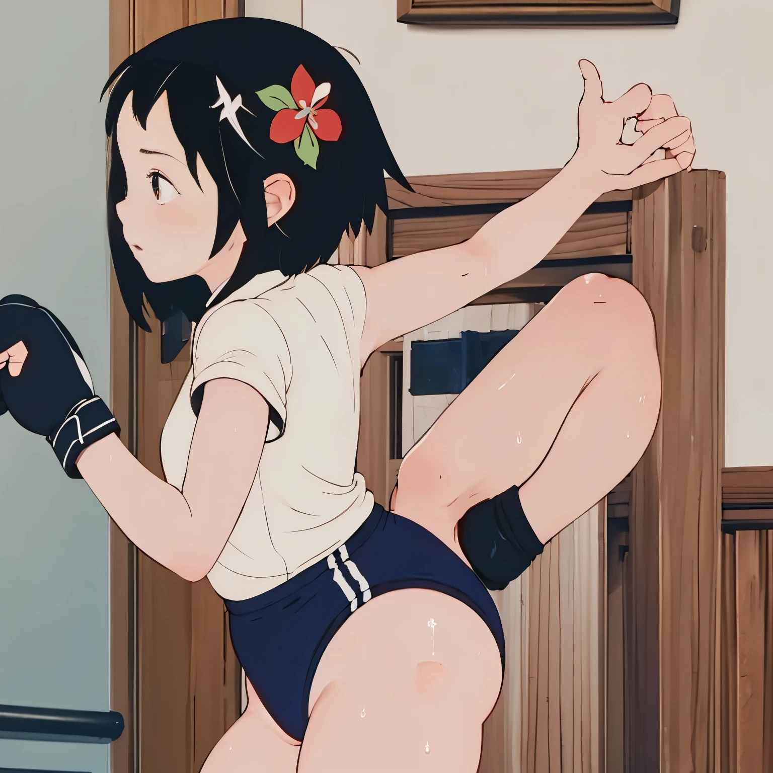 (masterpiece, highest quality), sweat、boxing,girl、wearing a black gymnastics bloomers,high leg,white blouse,high leg