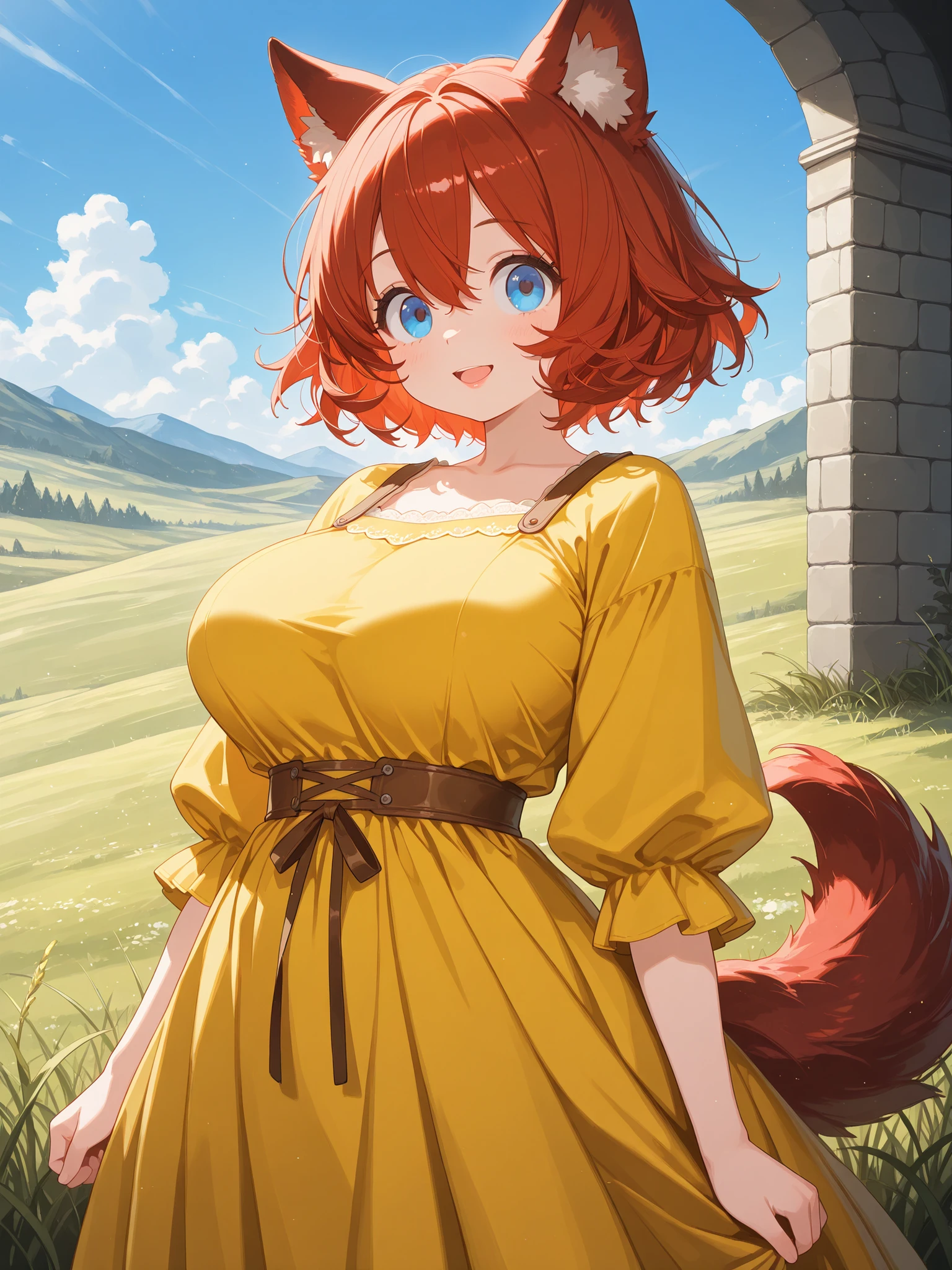 masterpiece, top quality, 8k, 1 girl, (big round eyes:1.2), (tareme), long eyelashes, (cute style), (red hair), semi short hair, wolf ears, standing, (blue eyes), hairs between eyes, large breasts, pink lips, wolf tail, medieval clothing, (yellow dress:1.2), light smile, open mouth, head shot, blue sky, in the grassland