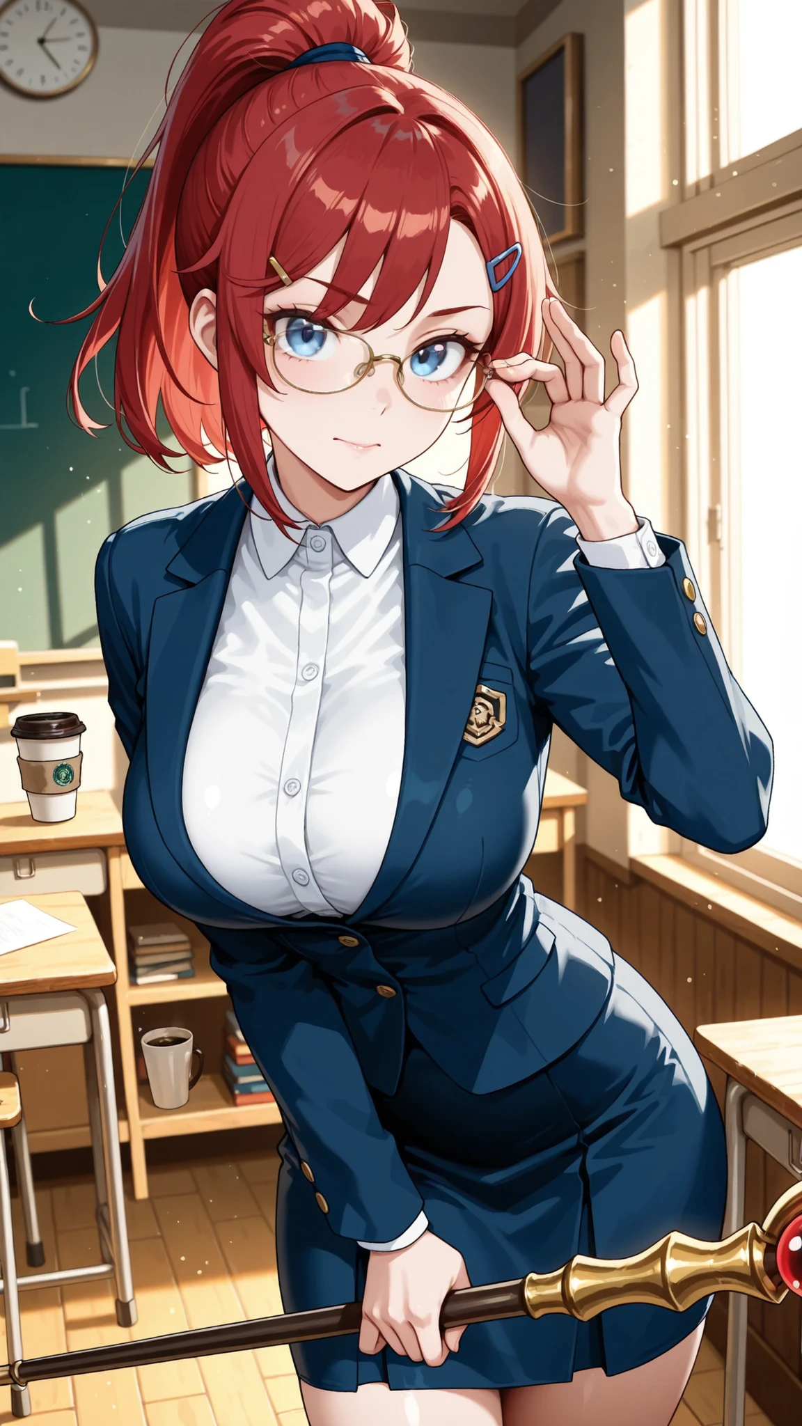 8k (high resolution) (Super Detailed) (masterpiece) (Highest Quality) animated illustration fine eye detailed face Feminine detailed hand Delicate hair detailed wrinkles on clothes exquisite feminine figure Fine Skin detailed background solo Blue Eyes (Red hair) hair clip on bangs (ponytail) (bundling hair into one strand) BIG BREASTS happy expression Wakate Female Teachers, Innocent charm, barrette, white shirt, dark blue jacket, slim skirt , by the classroom window, Morning Light, Teaching materials in my arms, gestures to fix glasses, childlike youth that remains in a serious expression, staff room background, Coffee Cup