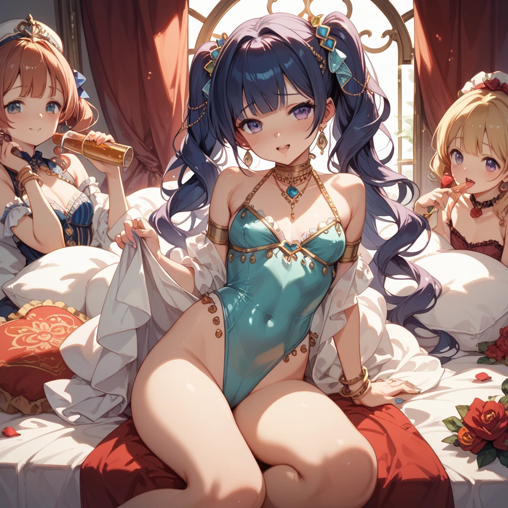 (Masterpiece, best quality, ultra detailed), (9girls, ????????????, on king bed, wet ?????, panties, colorful maid costume, ), (ultra close distance back shot, ???????????), (best proportions body, enormous ???????, cleavage, cute ????, thin waist), Girls lined up in a row  in close proximity, bedroom background, focus ???,