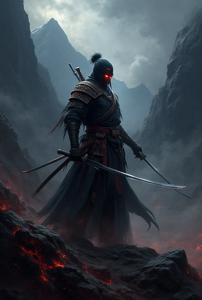 Sengoku period、Metal、Humanoid、Sword fighting pose、Samurai、Demon Mask、Sword in right hand、 robot、Full Body Shot、fog、chaos、Crow、insect、battlefield.