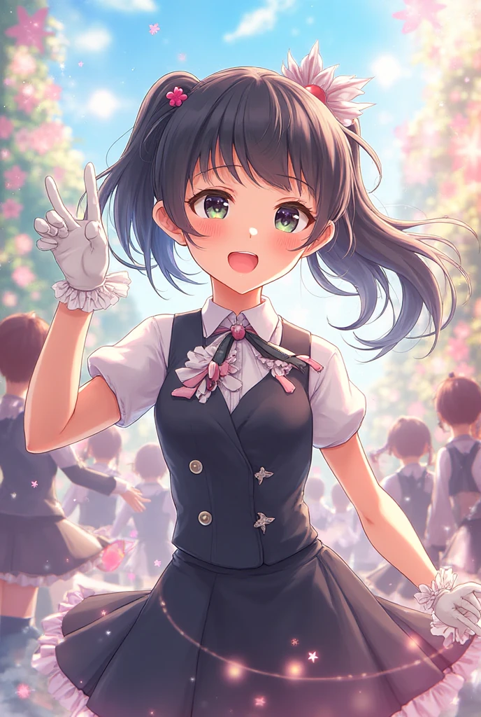 1girl, , , masterpiece, best quality, 10 years old, medium blonde hair, forehead visible bags, yellow eyes, hat, heart, black headwear, puffy short sleeves, log black skirt, heart hads,,1girl, solo, yellow eyes, yellow hair, bow, hat bow, socks, black footwear, black skirt, short sleeves, yuki (touhou), black vest, white sleeves, frill skirt, light smile