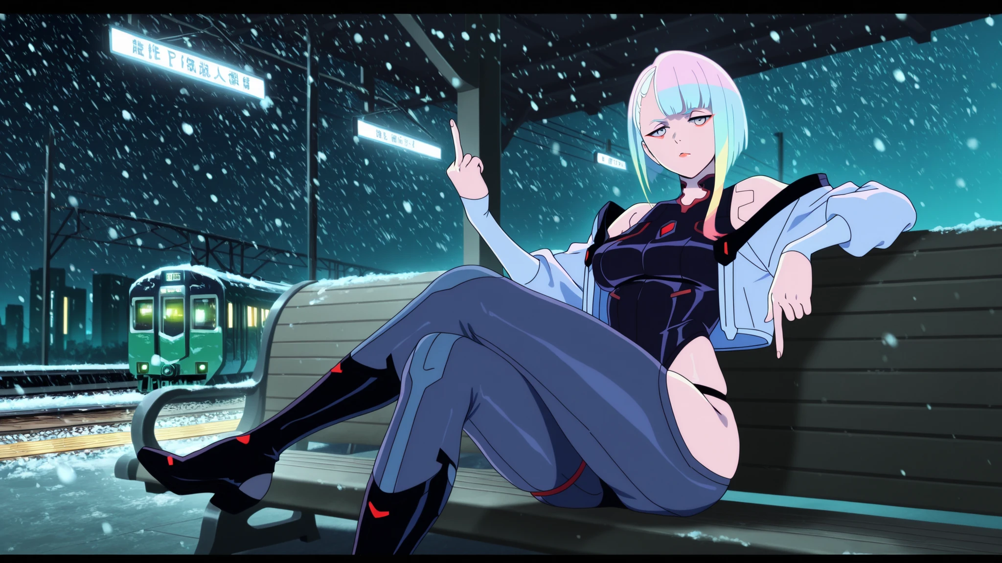 lucy, lucy (cyberpunk), short hair, bangs, blue eyes, blue hair, multicolored hair, makeup, multicolored eyes, mature female, breasts, anime screencap,bare hips, bodysuit, jacket, leotard, monowire, off shoulder, off-shoulder jacket, open clothes, open jacket, skindentation, sexy pose, seductive, flirting, looking at viewer, sitting on metal bench, legs crossed, arms up, relaxed, bored expression, slightly annoyed, giving the middle finger, fuck you, diva, outdoor, train station, train moving motion in background, tall cyberpunk buildings in far distance, nighttime, midnight, snowing
