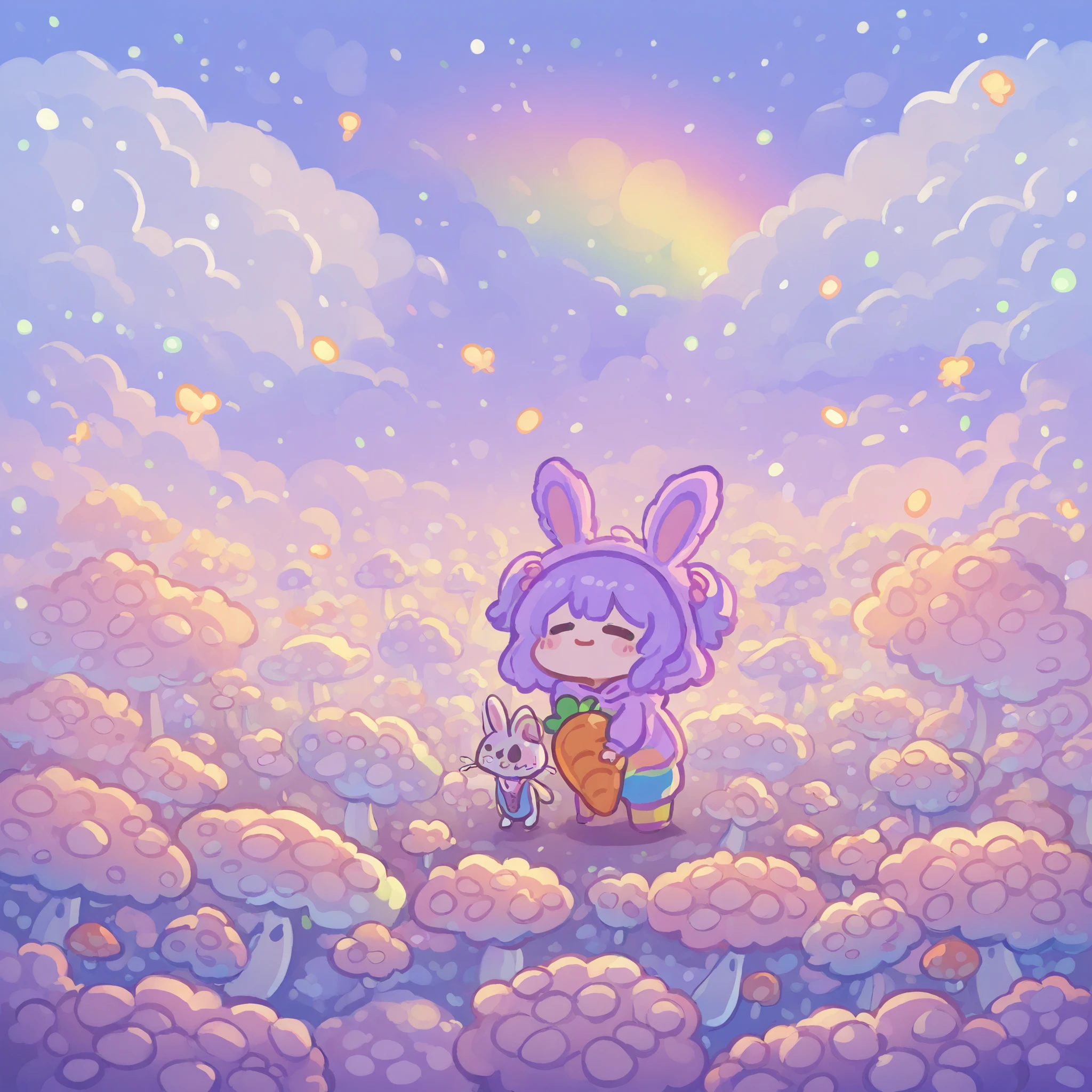 a small chibi girl with purple hair wearing a bunny onesie and holding a carrot plushie, in a whimsical, colorful meadow scene with fluffy clouds, cute mushrooms, and a rainbow in the background, 4K, highly detailed, vibrant, cinematic lighting, fantasy art, digital illustration