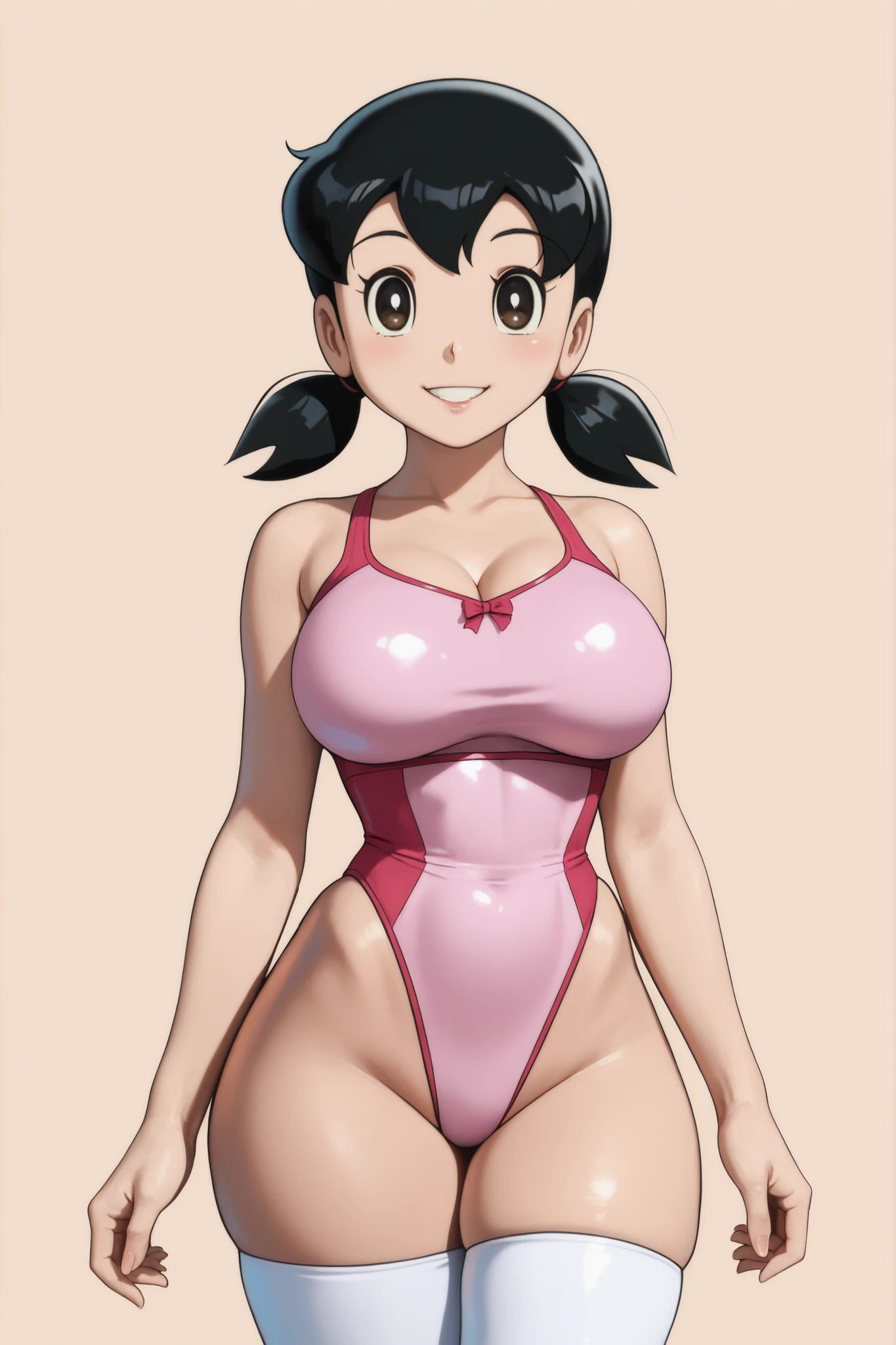 Anime style, score_9, score_8_up, score_7_up, score_6_up, 4k, masterpiece quality, simple background, 1girl, shizuka minamoto, 18 years old, standing, tender smile, eye level focus, front shot, waist shot, eye looking at pov, thick lineart, flat colors, large breasts, narrow waist, thick thighs, pink highleg swimsuit, white thighhighs