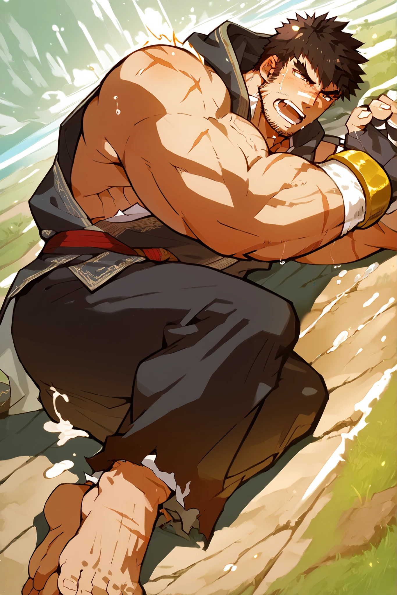 Score_9, Score_8_up, Score_7_up, Score_6_up, source code_game \(online dungeon warrior\), Perfect Anatomy, perfect proportions, best quality, masterpiece, high resolution, high quality, Aesthetic , absurdity of feather, ( male焦点), 单身 male, BERGrappler, male摔跤手 \(online dungeon warrior\), dark hair, short hair, brown eyes, thick eyebrows, Bifurcated Eyebrows , stubble, facial scars, Scars on the Nose, scar on cheek, strong physique , Chest depressions , /Black Fingerless Gloves, Bicolor Sleeping Gloves, barefoot, white wristband, white ankle bandage, nipple,Adult Underarms, mature, male, manly , handsome, charming, attractive, Bracket, upper body, dutch angle, cowboy shooting, 色调 male, serious, Battle Pose ,defeat,nsfw,Porn,be fucked,How,Howshot,body How,Lying on your back,cum comes out of ass,Broken pants,orgasm,