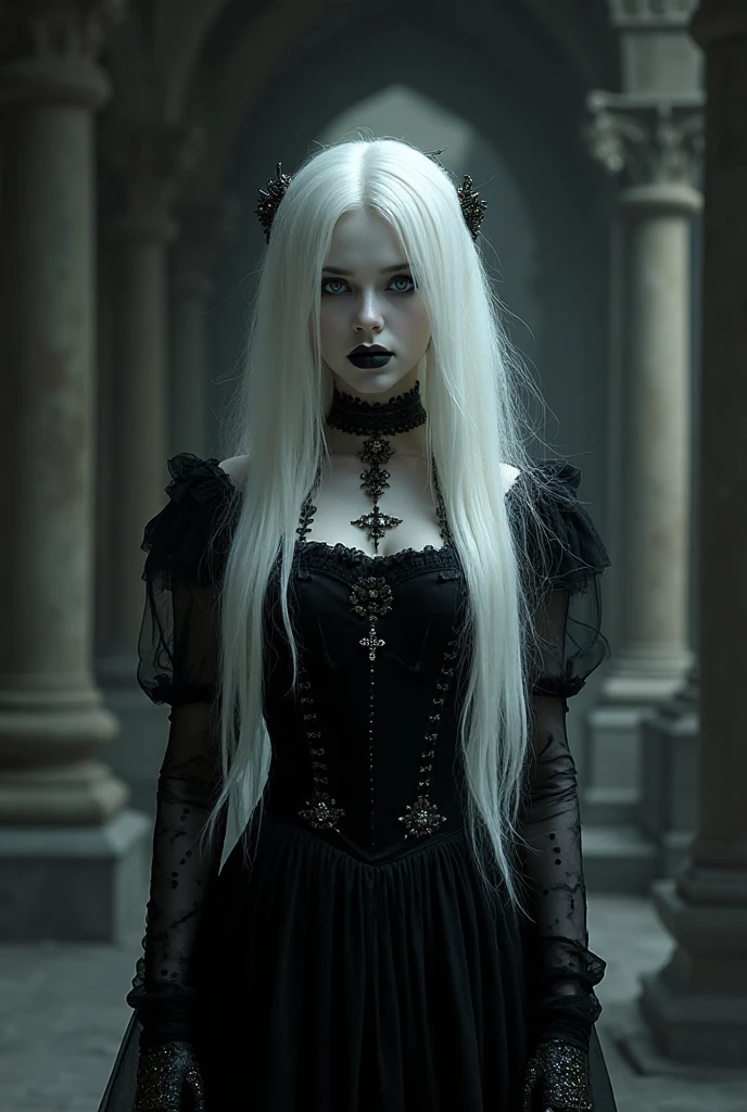 female  vampire|albino, pale porcelain skin,  vintage black dress, smile, shallow depth of field, grin|creepy, nightfall, detailed face, night, wide , narrow waist, portrait of woman standing, detailed eyes, portrait of woman standing, 8k RAW photo, highest quality, looking at the viewer, best shadow, intricate details, long hair, bright eyes, forest, grave, gothic, goth detailed, highres, high qualilty, high saturation