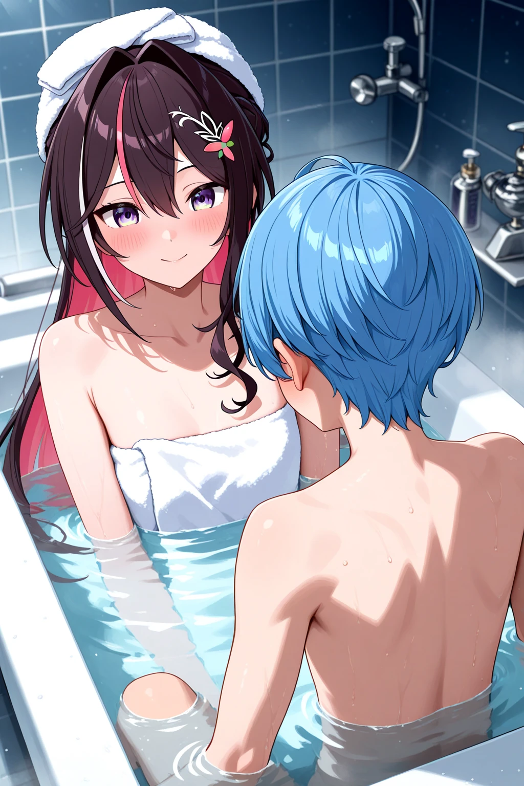 (best quality), ((masterpiece)), (high resolution), A beautiful woman and a man are taking a hot spring bath，Undress，Maximum chest，Maximum 下垂，Clear water