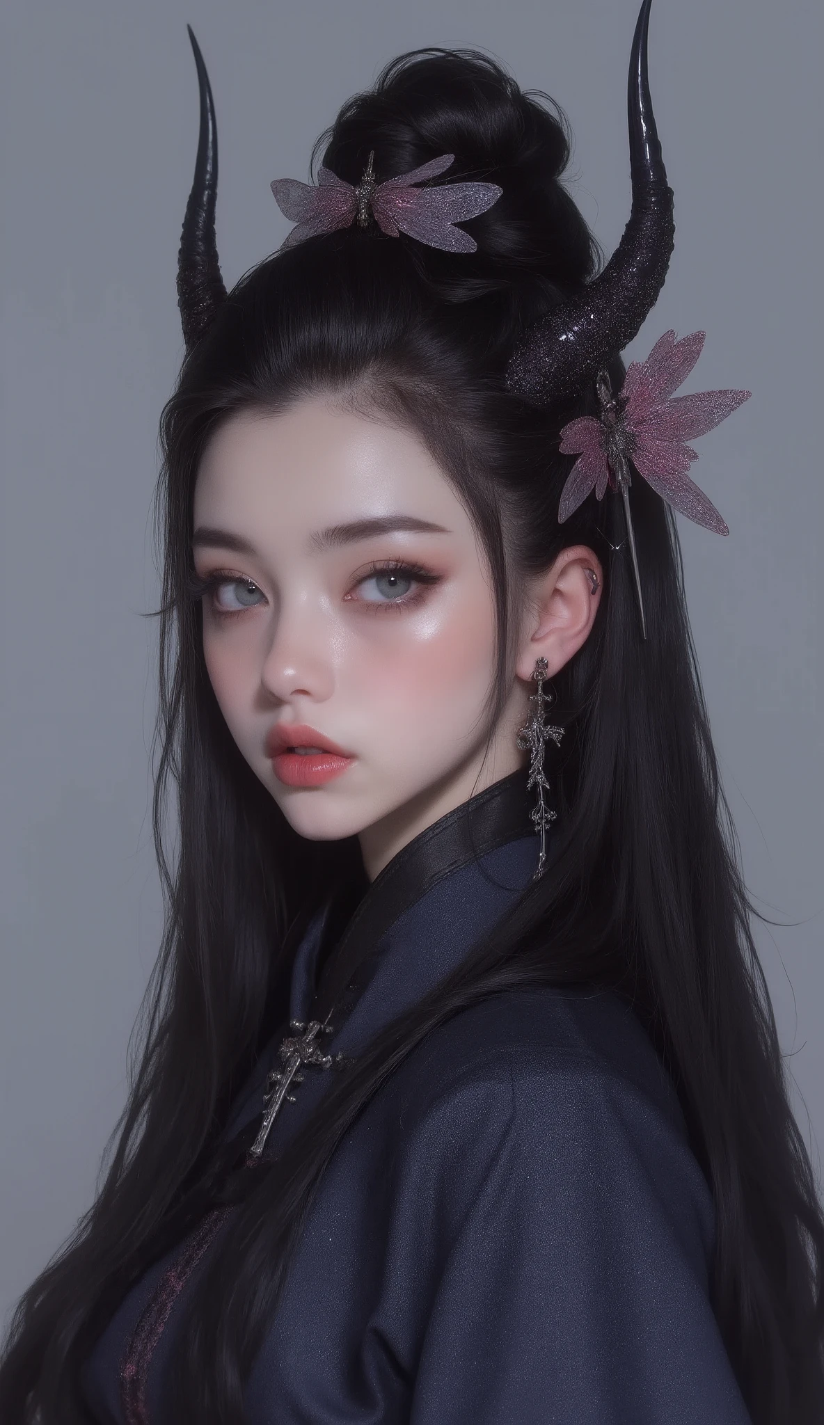 Young woman with Asian features .
. Her long black hair is tied in a slightly high bun , with a Dragonfly-shaped hair clip attached to the back of her hair, The tips of her wings stick out, resembling the horns of Oni . Her eyes are large and lilac in color and her expression is serious and serene . She wears a dark blue kimono with a black collar and a metal brooch in the shape of a pink cherry blossom on her chest. Her lips are cherry red .