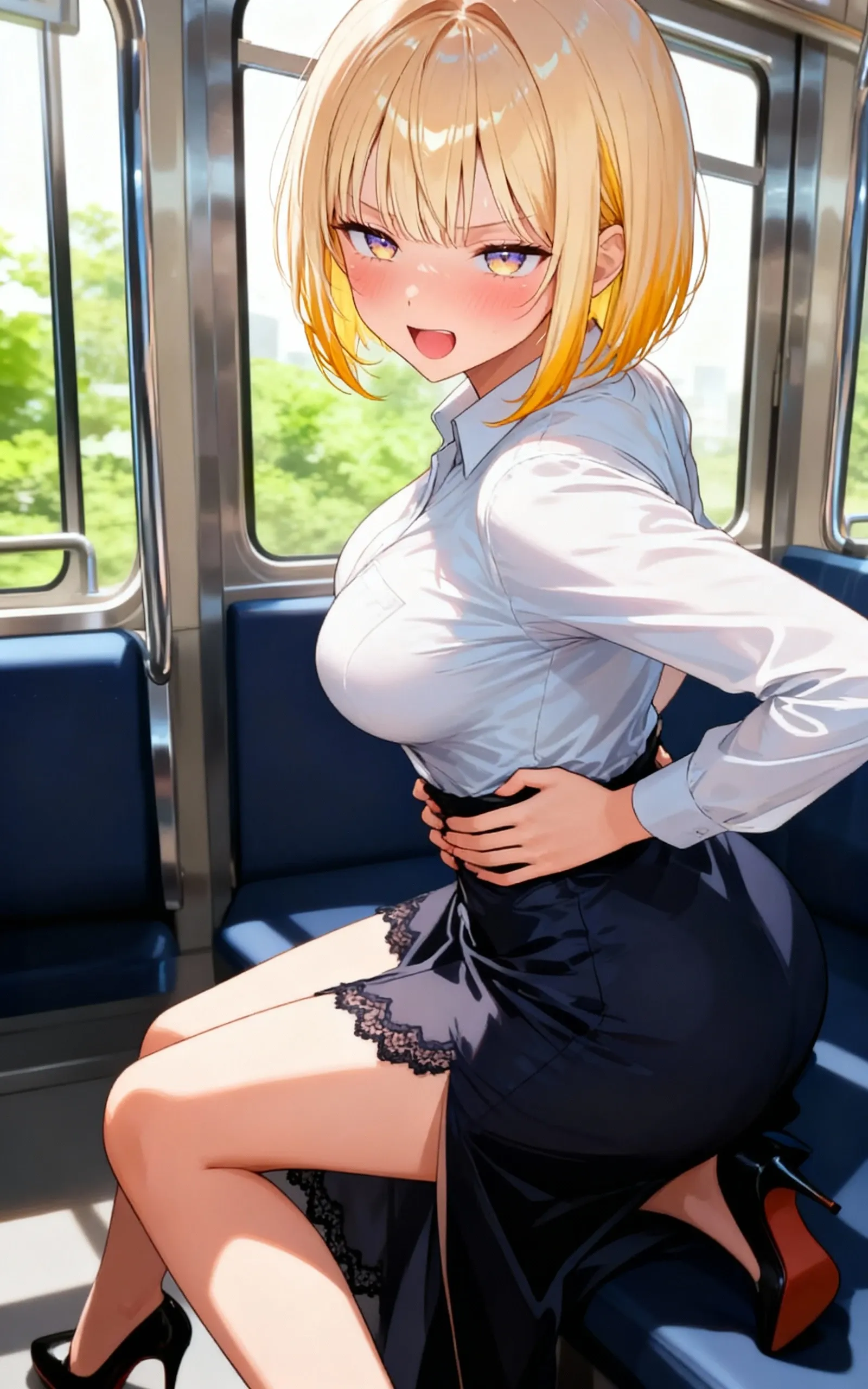 (nsfw),masterpiece,hyperrealistic,tanned gyaru,seductive realistic female,sideshot,white shirt,navy cardigan,(pleated skirt:1.1),(pubic hair),beautiful face,(string-only panties),(curvy adult gyaru),light brown short hair,trembling,make-up,in heat,orgasm,standing in train,(man grabbing her :1.1),,blush,happy,peace sign