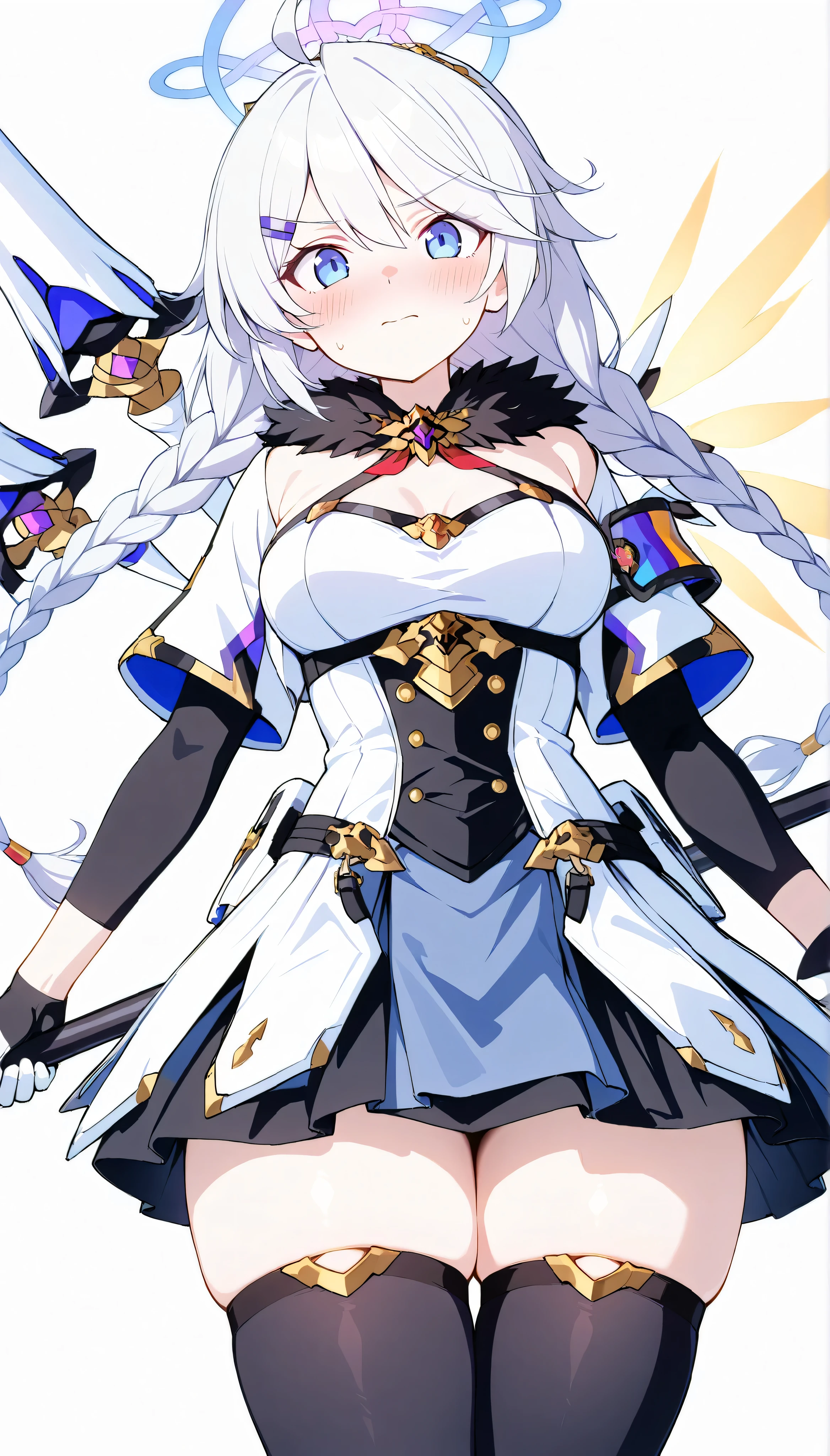 kirino (blue archive):1.5,blue eyes,white hair,long hair,ahoge,twin braids,halo,hairclip,medium breasts,　 solo, I can see my eyebrows from the inside of my hair, hair between eyes,　 is embarrassing, masterpiece, Best Quality, very aesthetic, thick thighs, Wide pelvis,  blush,　hair ornament,fur trim,gloves, bare shoulders,armored dress,black thighhighs, polearm,floating weapon, energy wings, white glove,black glove,{kiana\(herrscher of the void\),},