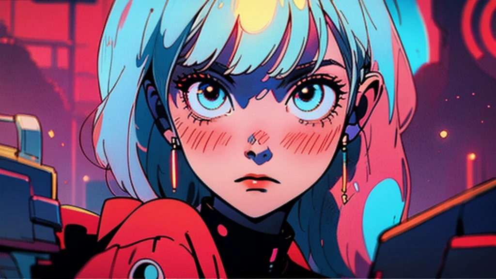 drawing of a woman, full colored drawing, digital art, synthwave, retro background, purple colored