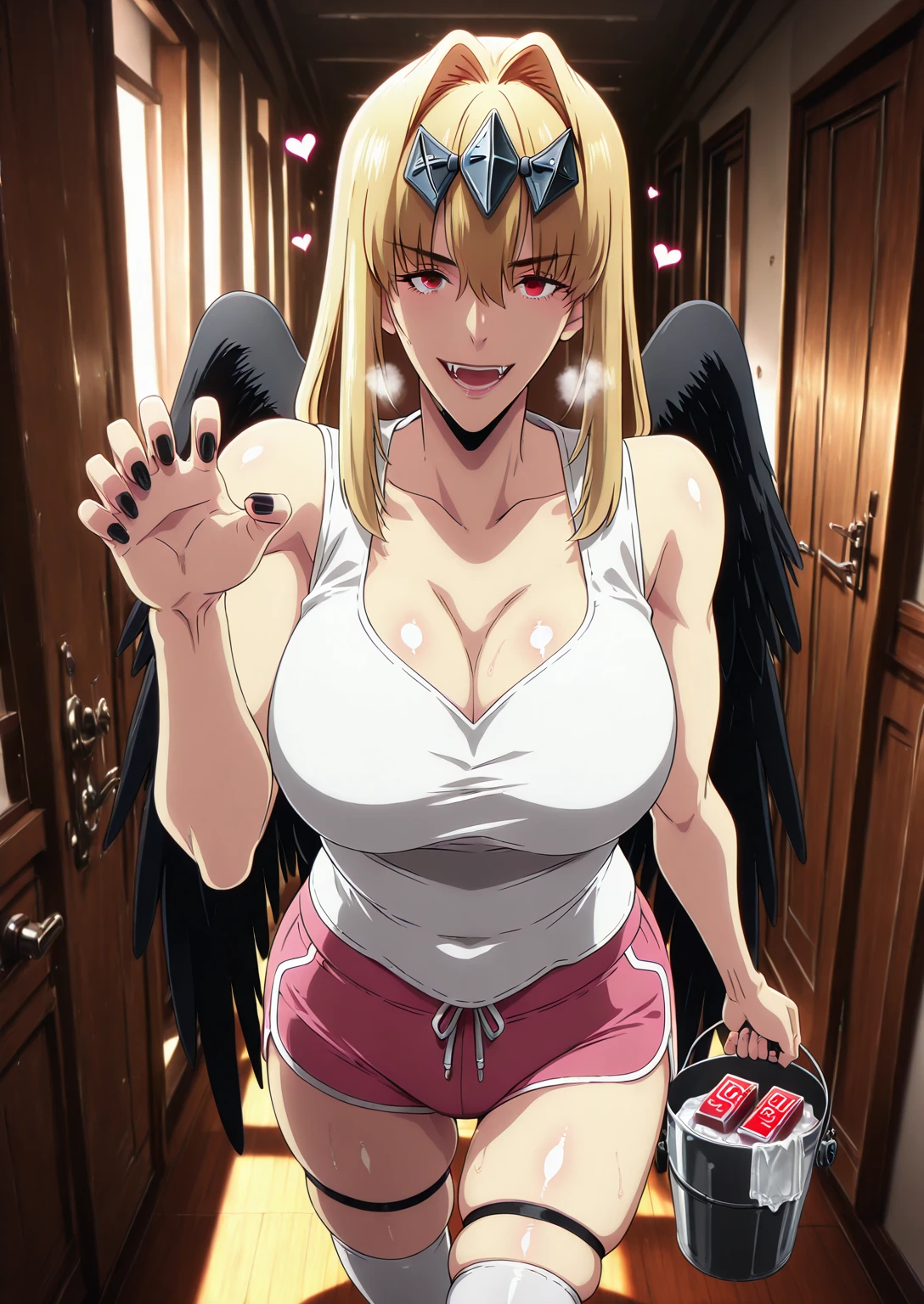 Babu-style, Hgk, (butcha-u-style:1.2), (imizu_(nitro_unknown)-style:1.4), (puuzaki_puuna(punopupupu)-style:1.2), (takeuchi_takashi-style:1.3), (anime coloring, anime screencap), shiny skin, (voluptuous body:1.4), (mature female:1.4), (cellulite:1.3), ((anatomical correct)), ((Cinematic, unreal engine, eye-catching, ambient occlusion, UHD, masterpiece)), ((perfect lighting, soft shadow)), perfect body, perfect eyes, perfect fingers, gasping, heavy breathing, gasping profusely, ((skindentation)), ((curvy)), ruphas mafahl, blonde hair, red eyes, hair between eyes, long hair, hair intakes, feathered wings, large wings, black wings, headpiece, plump, ((vignetting)), hearts, pleasured, 1girl, breasts, mature female, solo, White shirt, sleeveless, standing, claw pose, holding bucket, looking at viewer, fangs, smirk, collarbone, condom, condom box, thighs, curvy, hallway, dim light, black nails, dolphin shorts, short shorts,pink shorts,