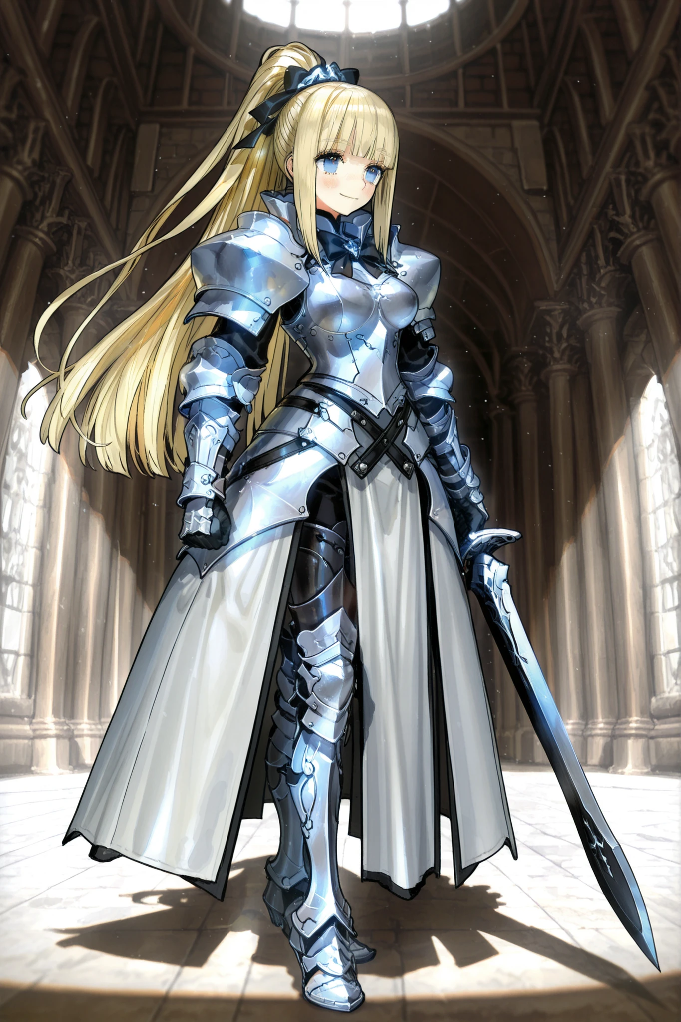 (((Ultra HD))), (((Ultra High Quality))), ((hyper detailed)), ((Ultra High Resolution)), ((detailed eyes)), (((8K))), 1girl, tall, thin, thin female, long ponytail hair, blunt bangs, hair bowtie, blonde hair, blu eyes, smile, blush, medium breasts, castle hallway background, white armored dress, armor engravings, black accents, gauntlets, chest armor, high collar, black pants, armored leggings, greatsword, sword, holding sword, standing, Wada Arco